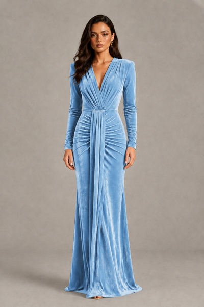 BOLODOO Light Blue Velvet Long Sleeve V-Neck Ruched Evening Gown - Light Blue