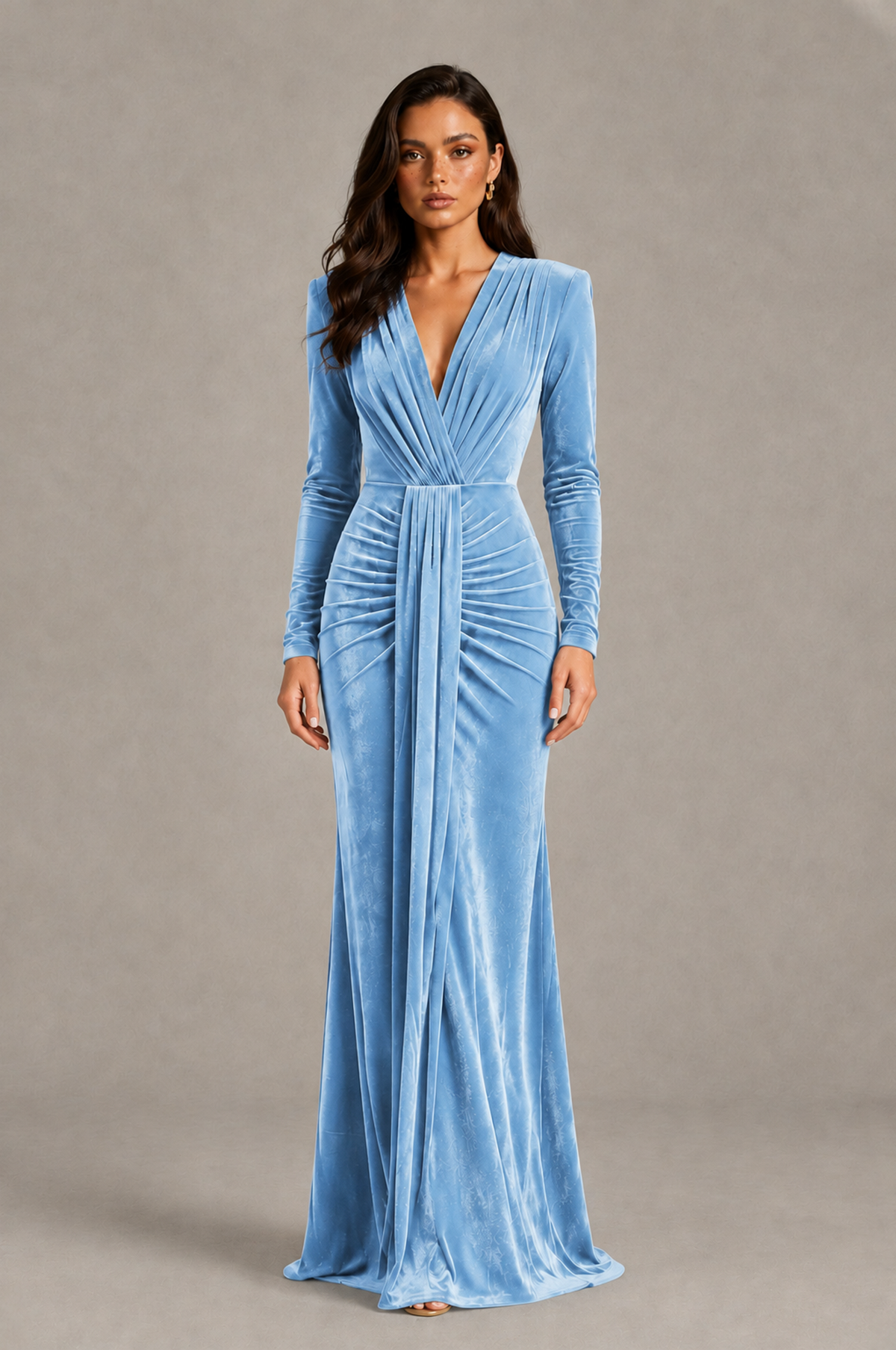 BOLODOO Light Blue Velvet Long Sleeve V-Neck Ruched Evening Gown - Light Blue
