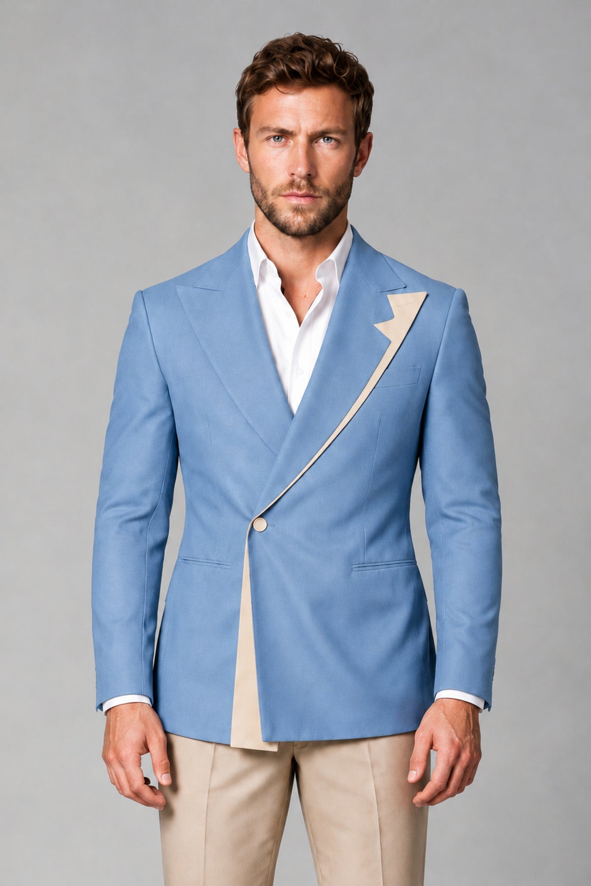 BOLODOO Men's Light Blue Double-Breasted Blazer & Khaki Trousers Tuxedo 2-Piece Suit Set - Light Blue - Light Blue_1