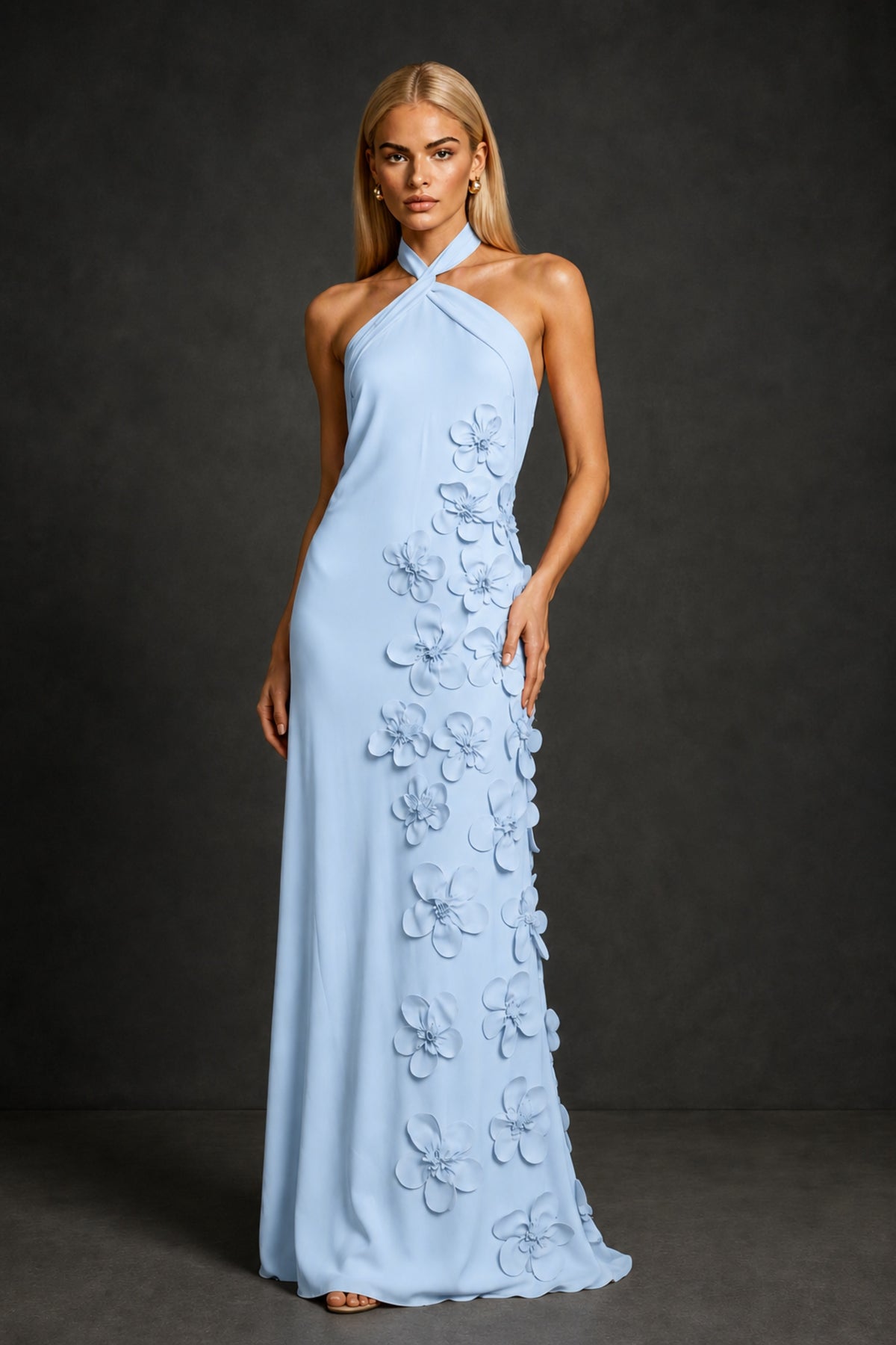 BOLODOO Light Blue Cross Halter Neck 3D Floral Appliqué Backless Mermaid Maxi Gown - Light Blue