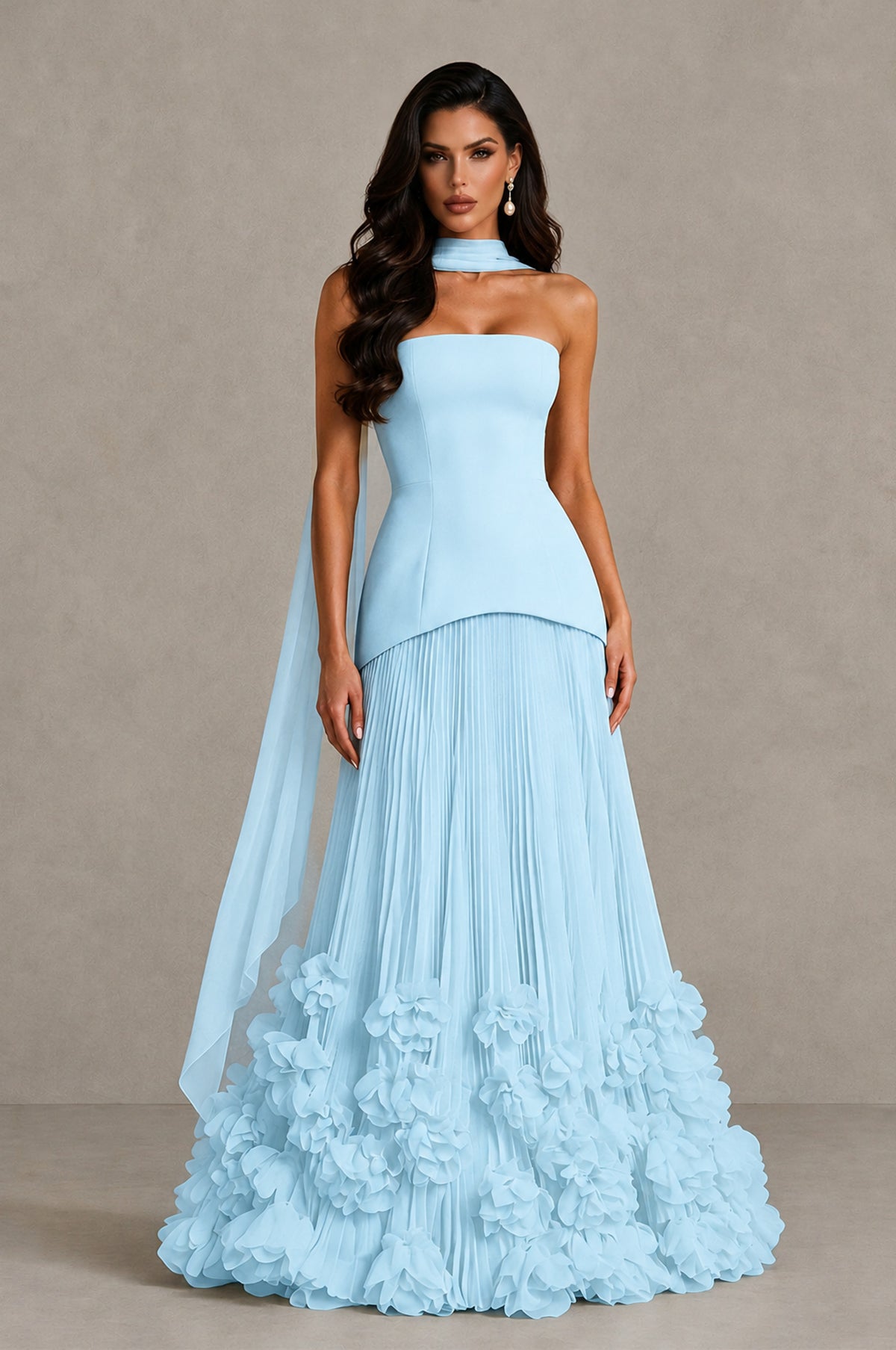 BOLODOO Light Blue Strapless Pleated Floral Hem Evening Gown - Light Blue - Light Blue_1