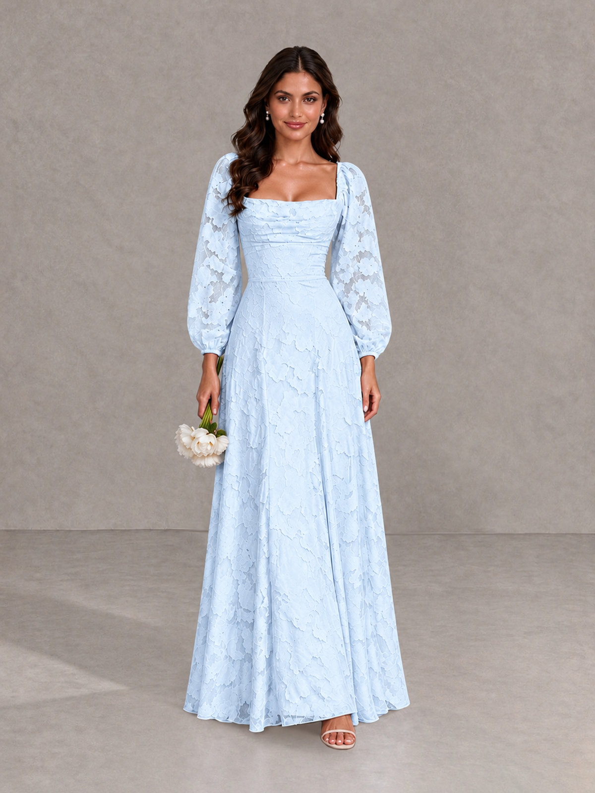 BOLODOO Light Blue Floral Long Sleeve A-Line Bridesmaid Dress - Light Blue - Light Blue_1