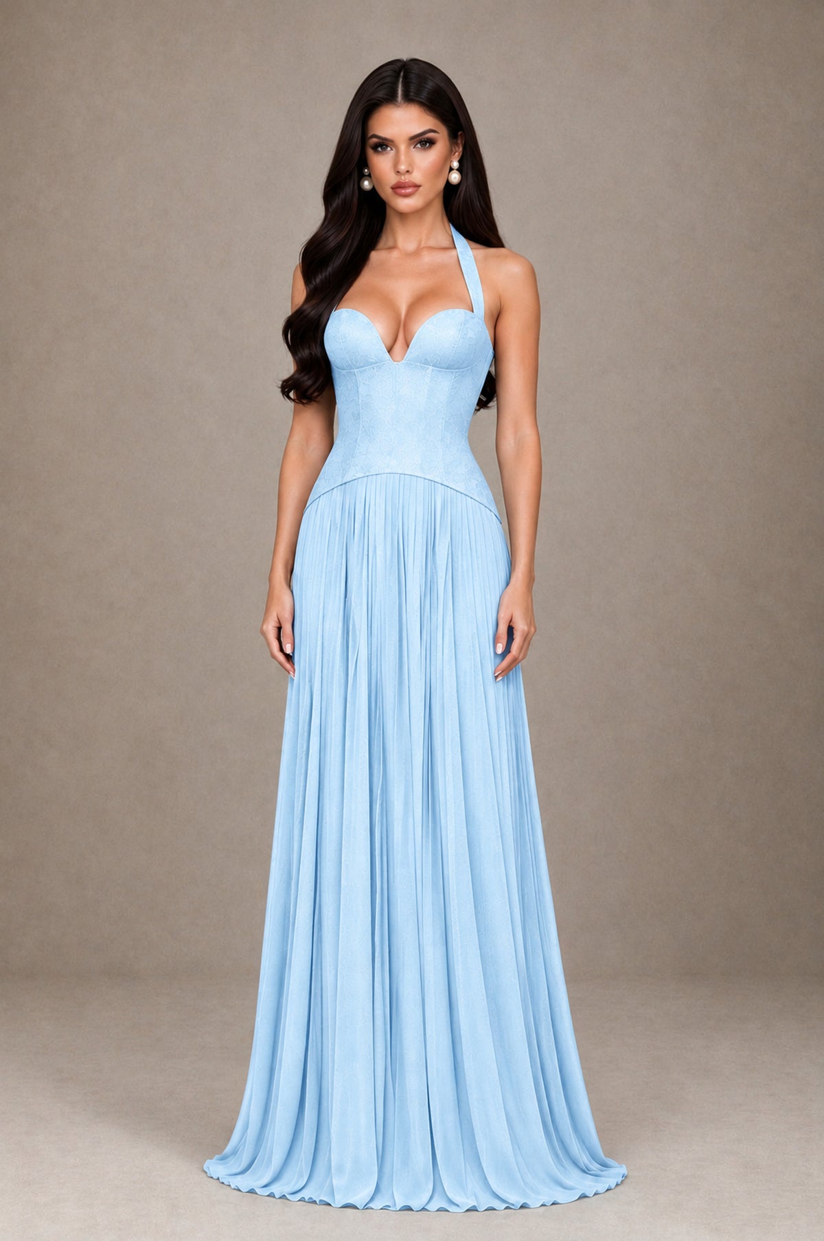 BOLODOO Light Blue Halter Corset Pleated A-Line Evening Dress - Light Blue - Light Blue_1