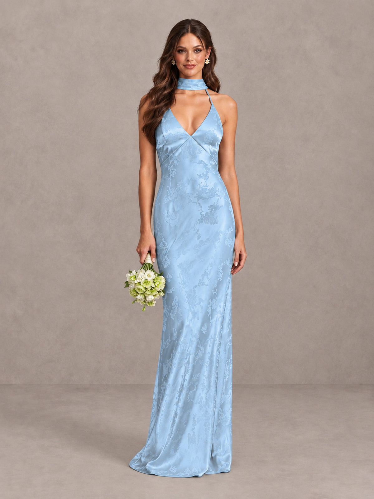 BOLODOO Light Blue Floral Satin Open-Back Bridesmaid Dress - Light Blue - Light Blue_1