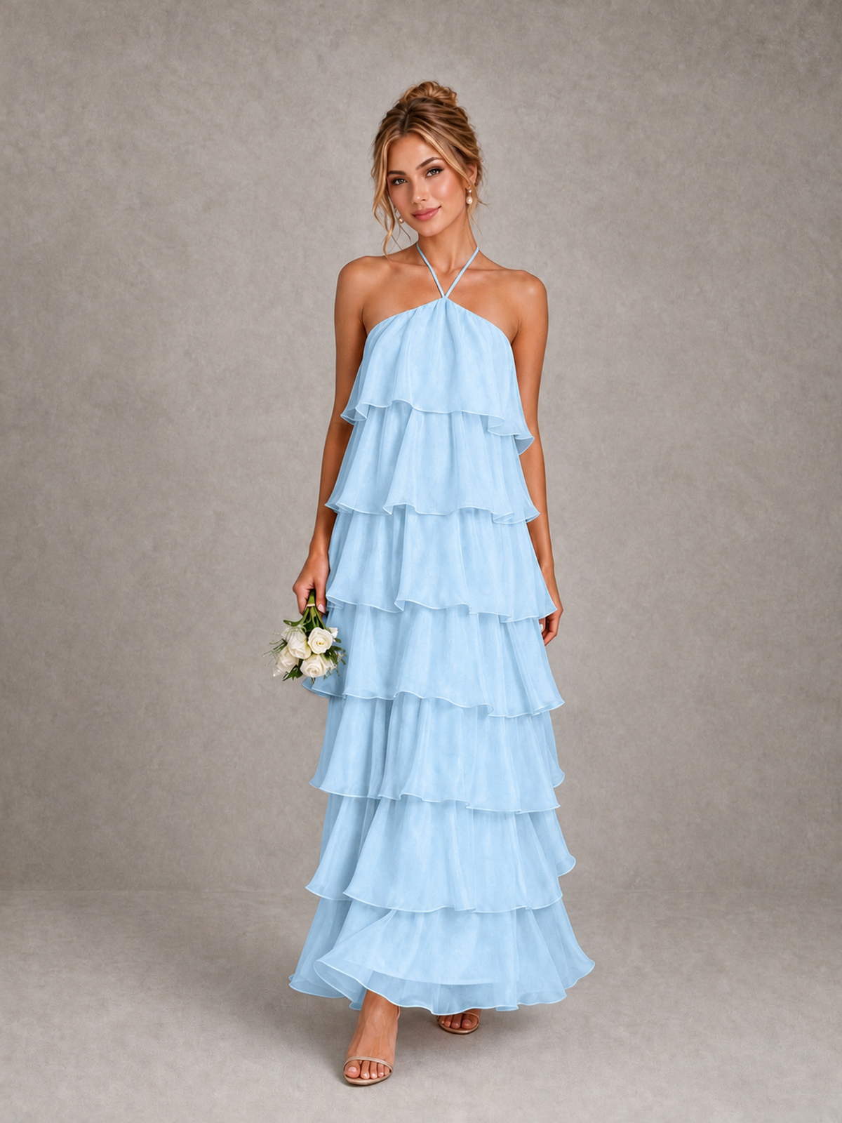 BOLODOO Light Blue Halter Tiered Ruffle Maxi Bridesmaid Dress - Light Blue - Light Blue_1