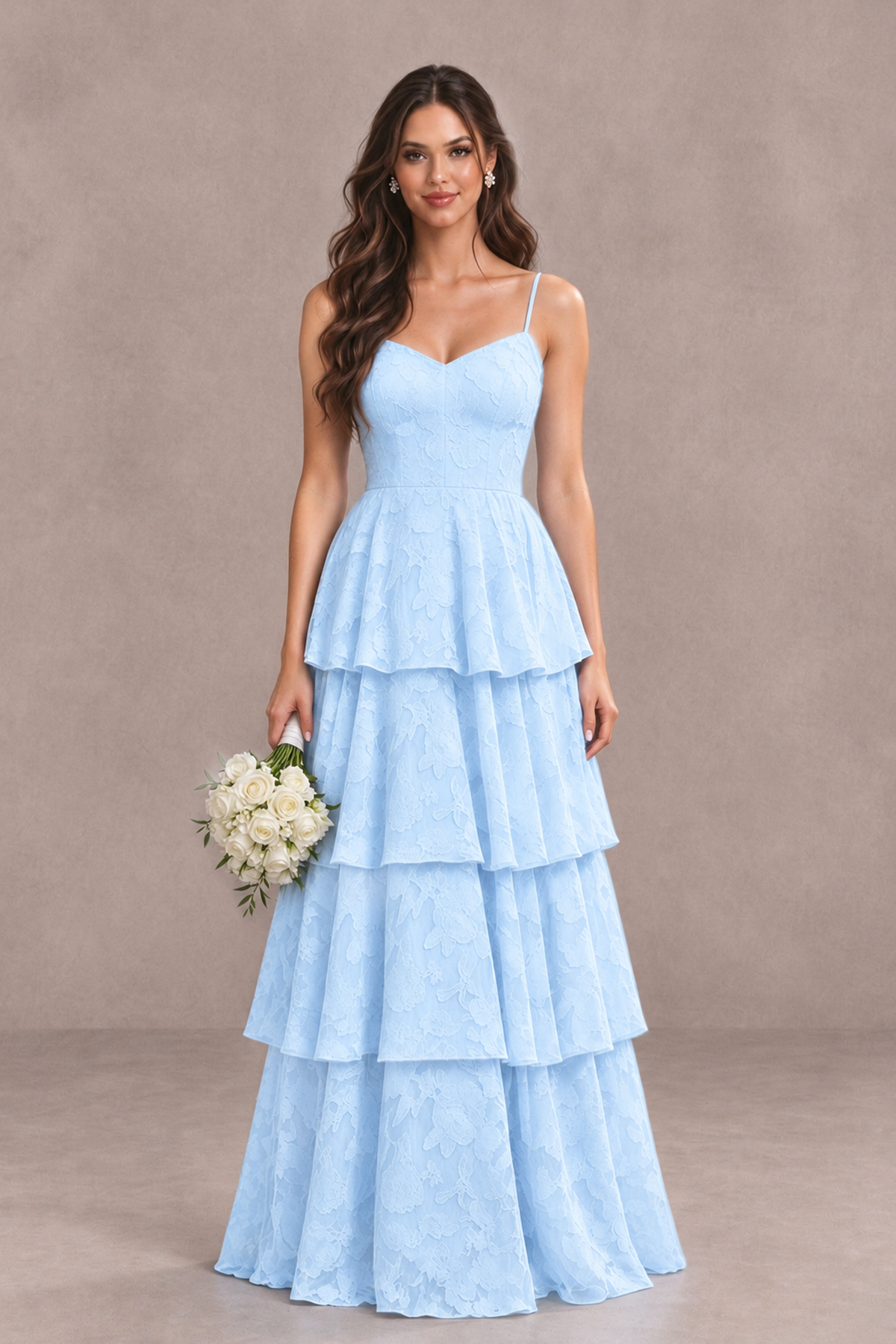 BOLODOO Light Blue Tiered Floral-Textured Spaghetti Strap Maxi Dress - Light Blue - Light Blue_1