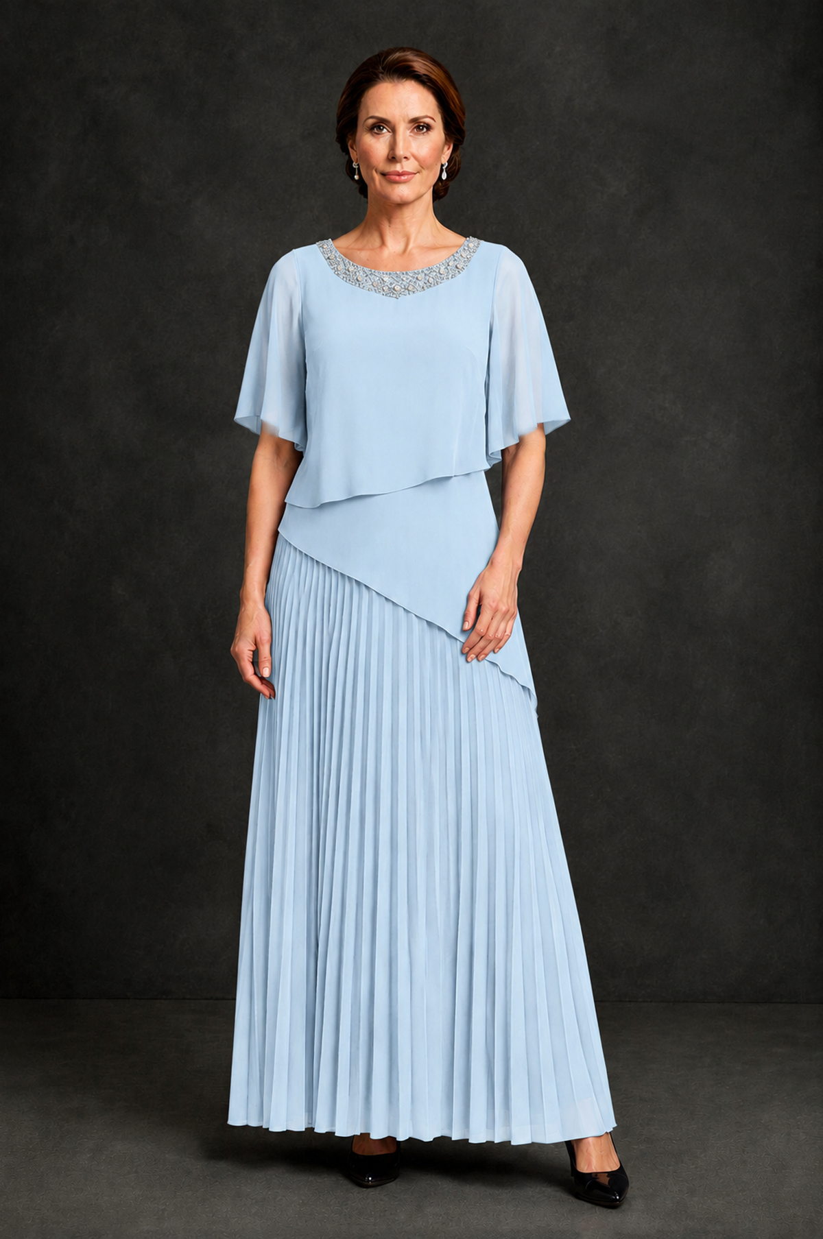 BOLODOO Light Blue Pearl Beaded Neck Asymmetric Tiered Flutter Sleeve Pleated Chiffon Maxi Dress - Light Blue - Light_Blue_1