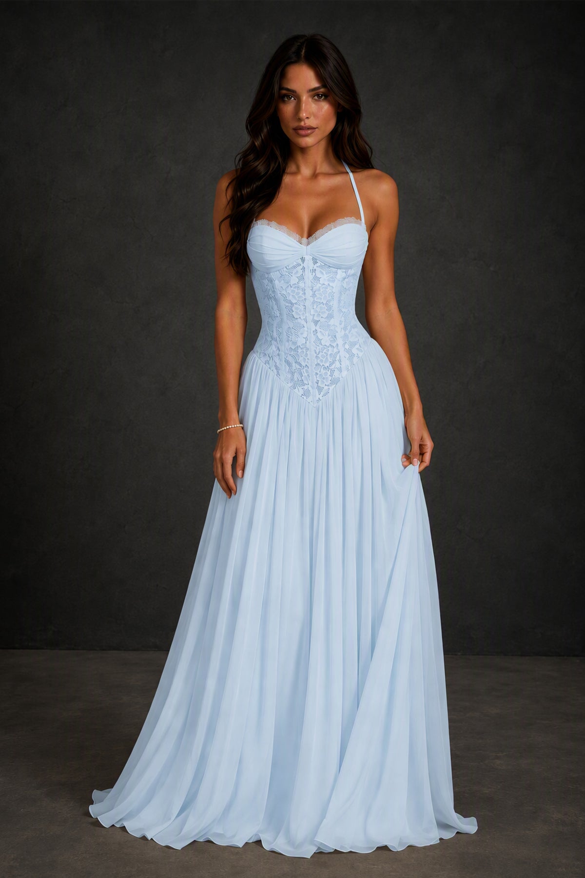 BOLODOO Light Blue Lace Corset Halter Maxi Gown – Backless A-Line Formal Dress - Light Blue