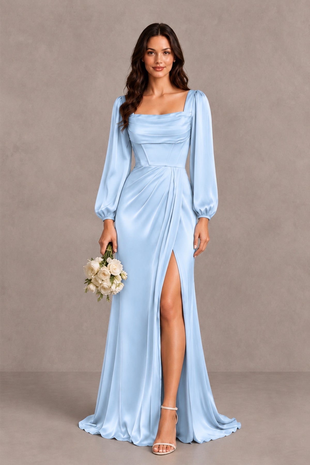 BOLODOO Light Blue Satin-Look Long Sleeve Evening Dress with High Slit - Light Blue - Light Blue_1