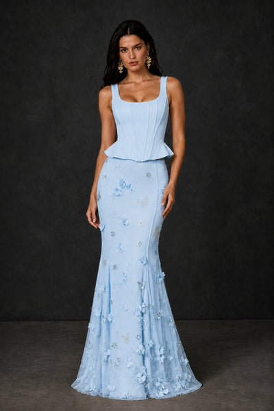 BOLODOO Light Blue Peplum Corset Top & 3D Floral Mermaid Skirt Two-Piece Set – Lace-Up Back Formal Gown - Light Blue