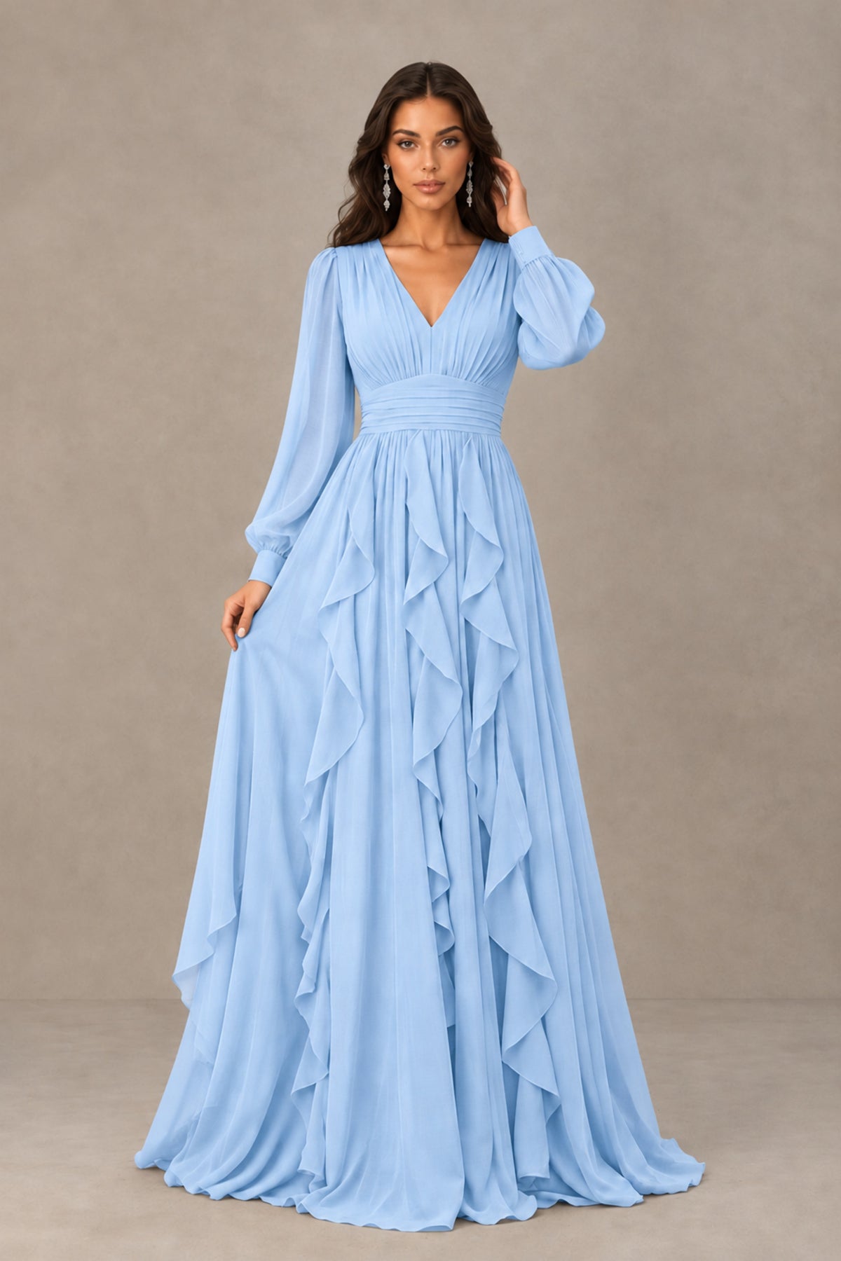 BOLODOO Light Blue Long Sleeve V-Neck Ruffle Maxi Dress - Light Blue