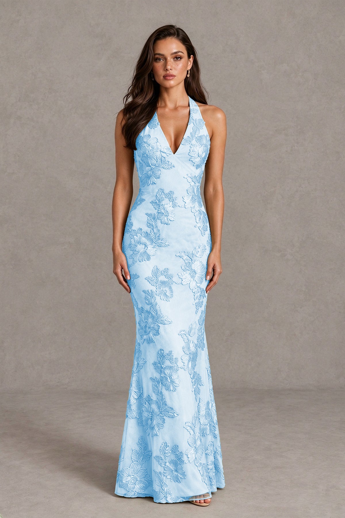 BOLODOO Light Blue Floral Jacquard Halter Maxi Dress - Light Blue - Light Blue(1)