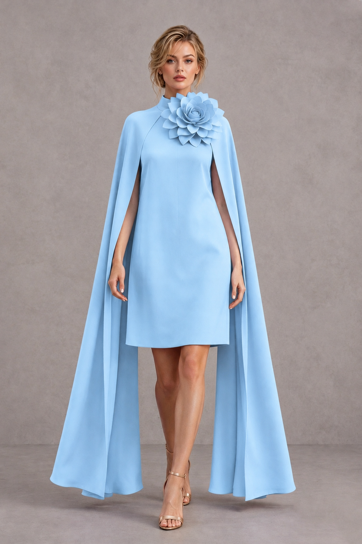BOLODOO Light Blue High Neck Floral Cape Mini Cocktail Dress - Light Blue - Light Blue_1
