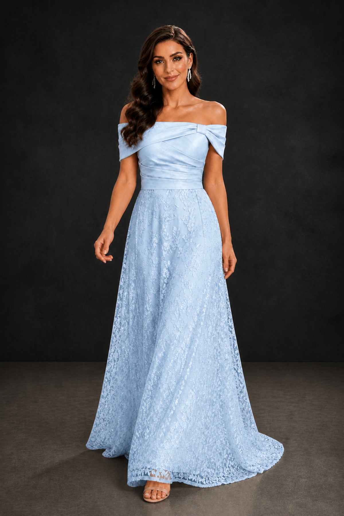 BOLODOO Light Blue Lace Glitter Off Shoulder Cap Sleeve A-Line Ball Gown with Train – Formal Evening Dress - Light Blue