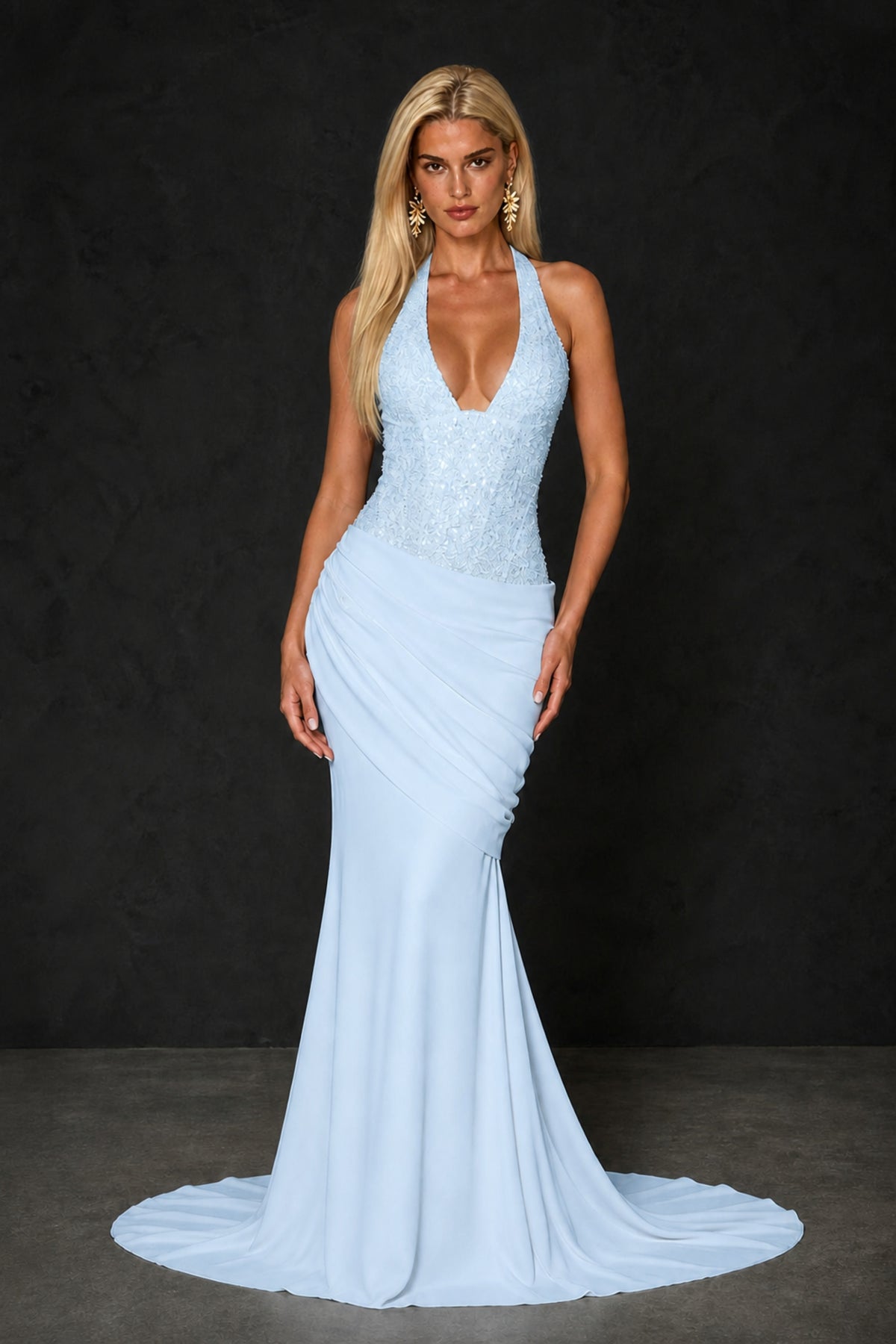 BOLODOO Light Blue Halter Mermaid Gown – Deep V Open Back Sequin Formal Evening Dress with Train - Light Blue