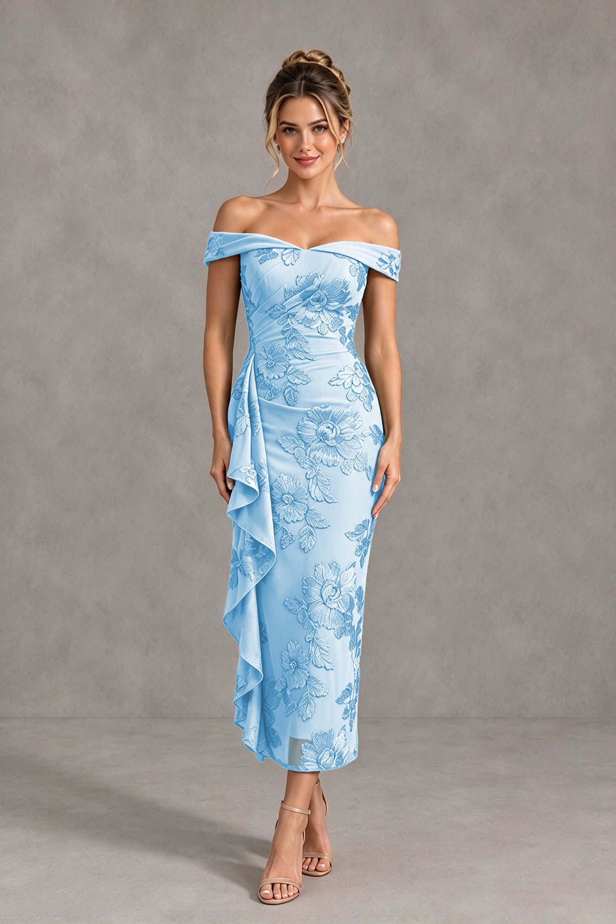 BOLODOO Light Blue Off Shoulder Floral Jacquard Midi Dress - Light Blue - Light Blue(1)