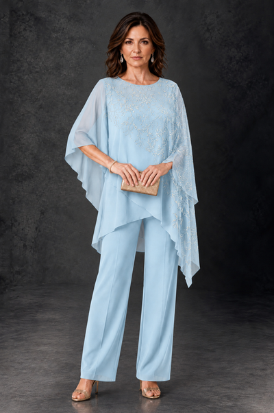 BOLODOO Light Blue Embellished Cape Pant Suit for Mother of the Bride - Light Blue - Light_Blue_1