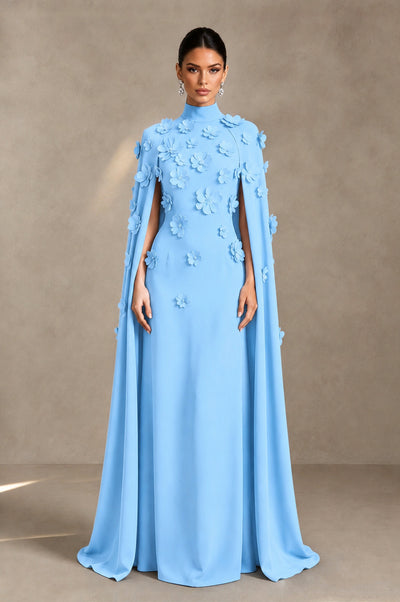 BOLODOO Light Blue 3D Floral Applique Cape Formal Dress - Light Blue - Light Blue_1