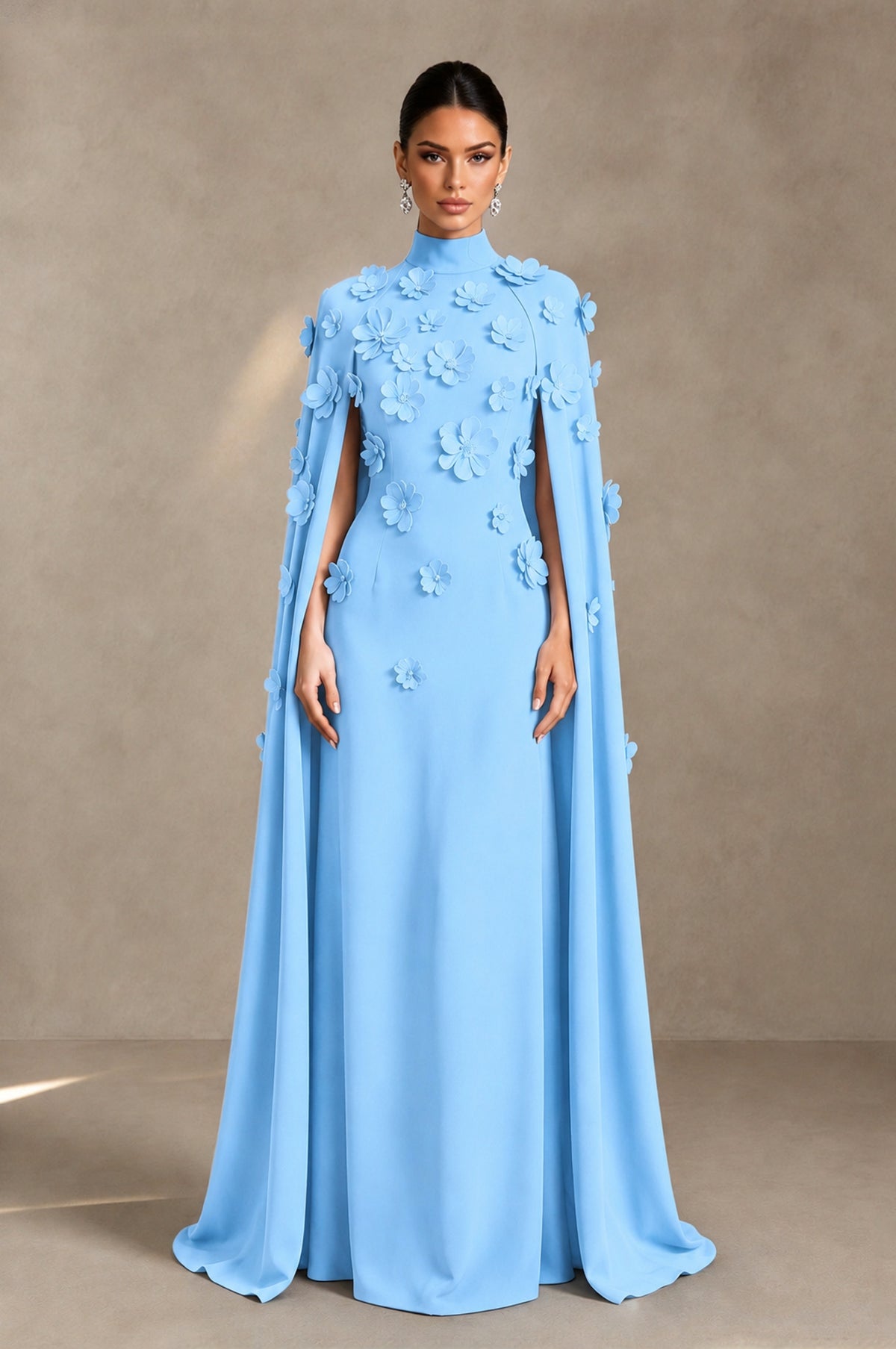 BOLODOO Light Blue 3D Floral Applique Cape Formal Dress - Light Blue - Light Blue_1