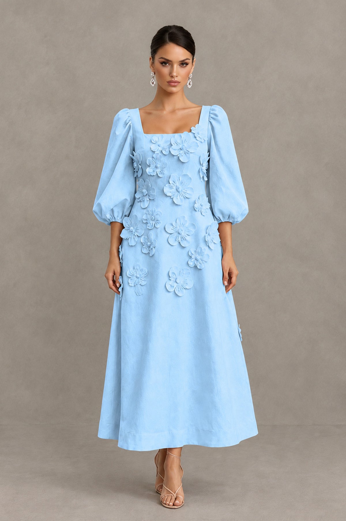BOLODOO Light Blue 3D Floral Puff Sleeve Midi Cocktail Dress - Light Blue - Light Blue_1