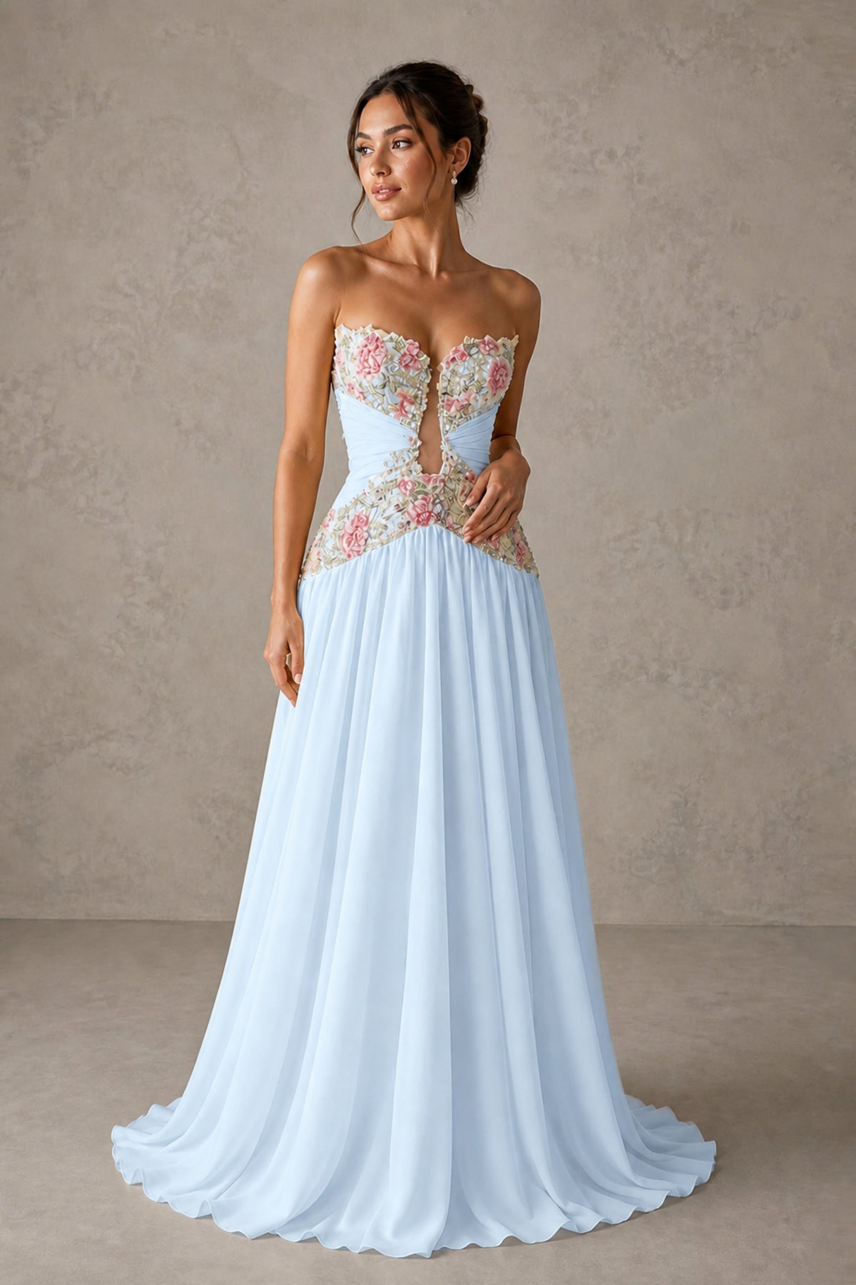 Light Blue Strapless Sweetheart A-Line Chiffon Gown with 3D Floral Appliques & Cutout | BOLODOO - Light Blue