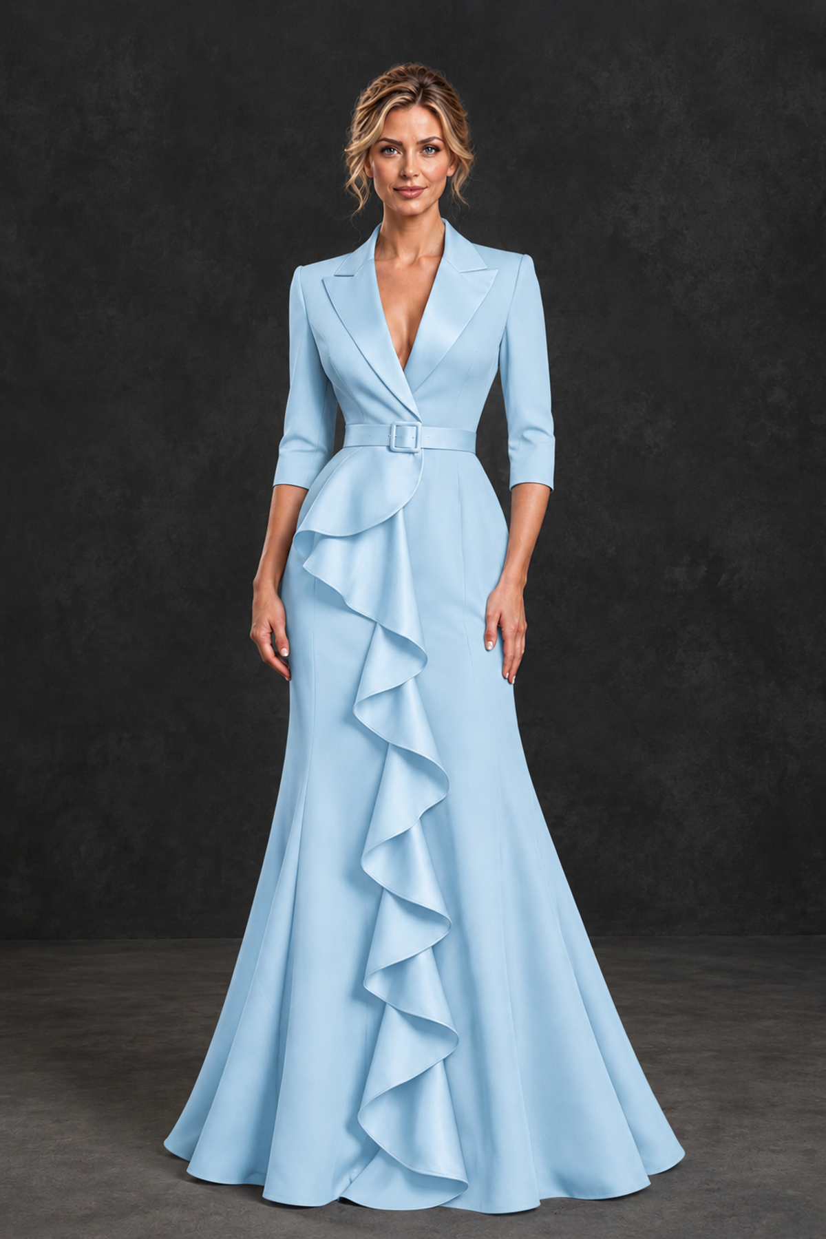 BOLODOO Light Blue Lapel Ruffle Mother of the Bride Dress with Belt - Light Blue - Light Blue_1