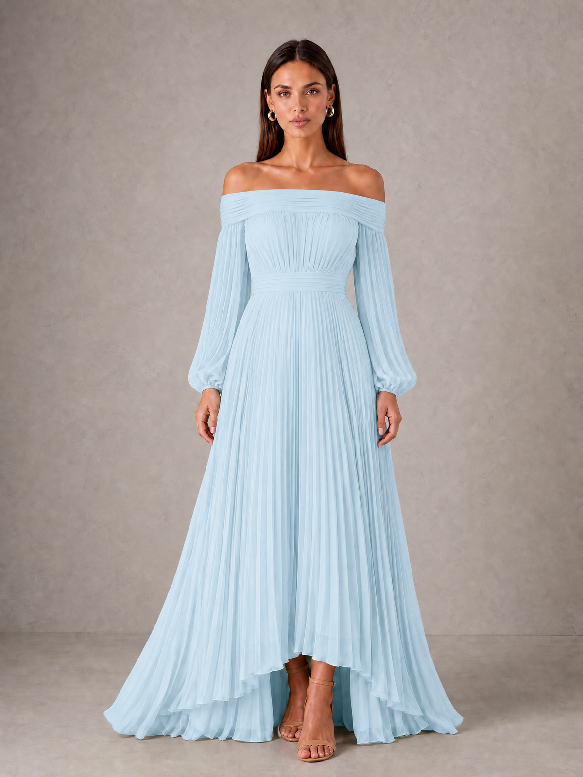 BOLODOO Light Blue Off-Shoulder Long Sleeve Pleated High-Low Dress - Light Blue - Light_Blue_1