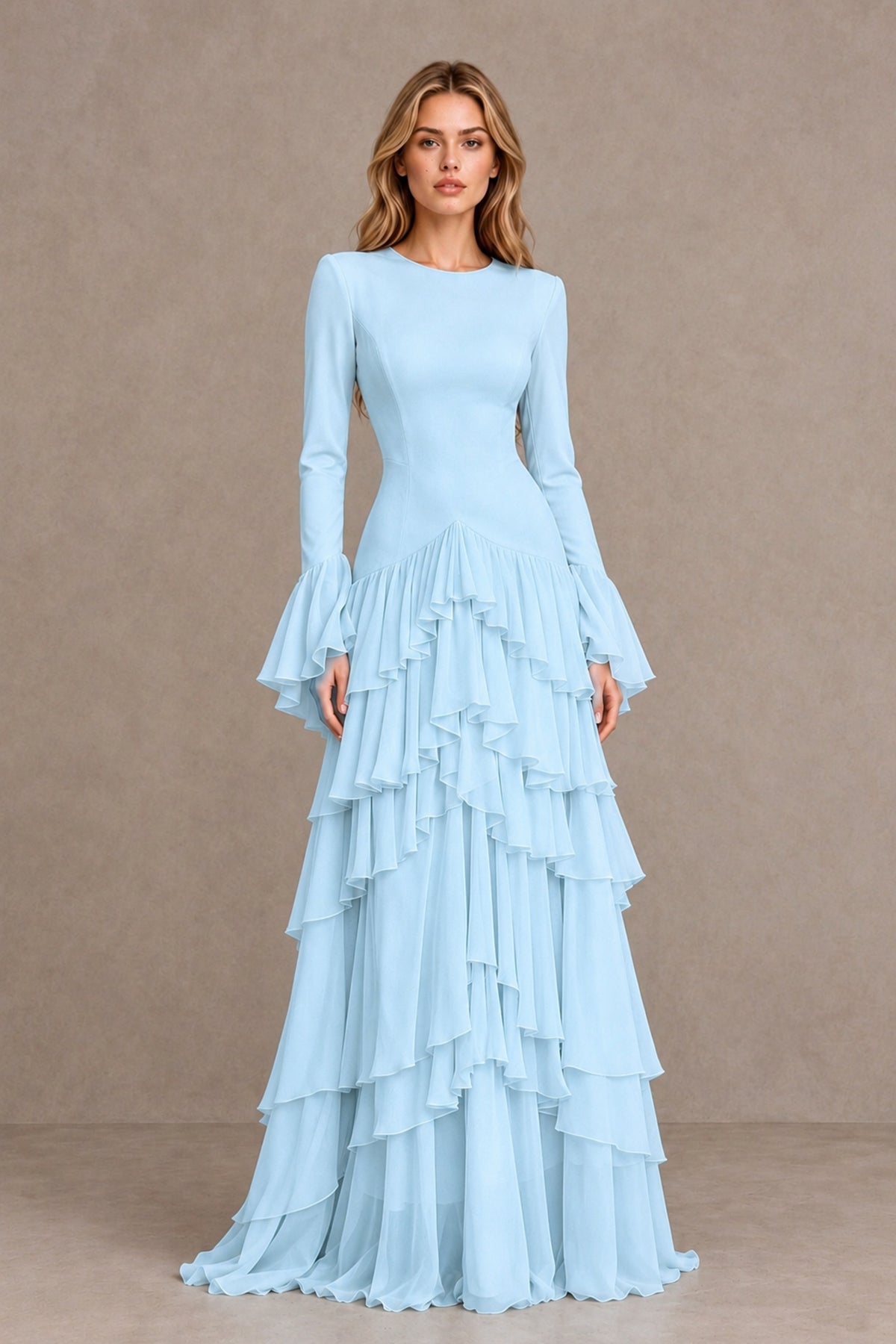 Light Blue Long Sleeve Tiered Ruffle Evening Gown - Light Blue - Light Blue_1