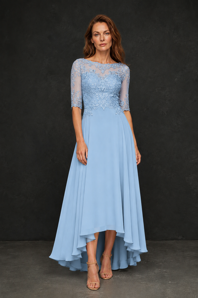 BOLODOO Light Blue Illusion Lace 3/4 Sleeve Hi-Lo Chiffon A-Line Dress | Mother of the Bride Tea Length Dress - Light Blue
