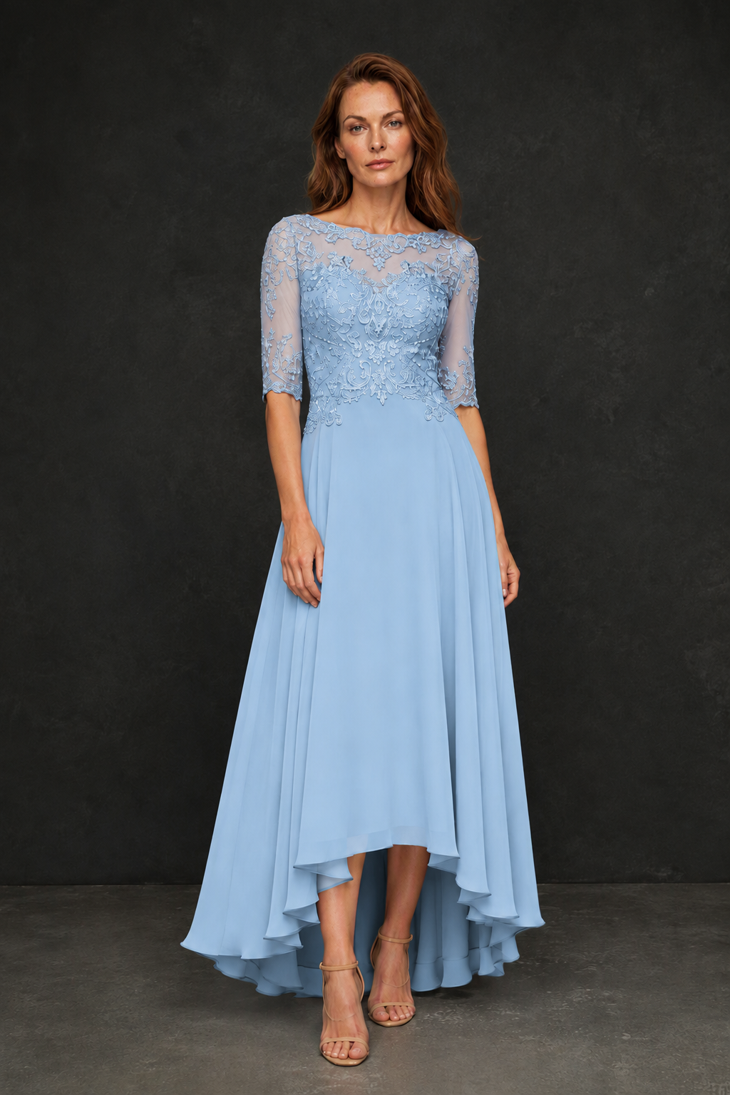 BOLODOO Light Blue Illusion Lace 3/4 Sleeve Hi-Lo Chiffon A-Line Dress | Mother of the Bride Tea Length Dress - Light Blue