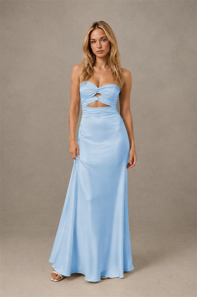 BOLODOO Light Blue Sweetheart Strapless Twist Knot Cutout Lace-Up Back Satin Mermaid Maxi Dress - Light Blue - Light Blue(1)