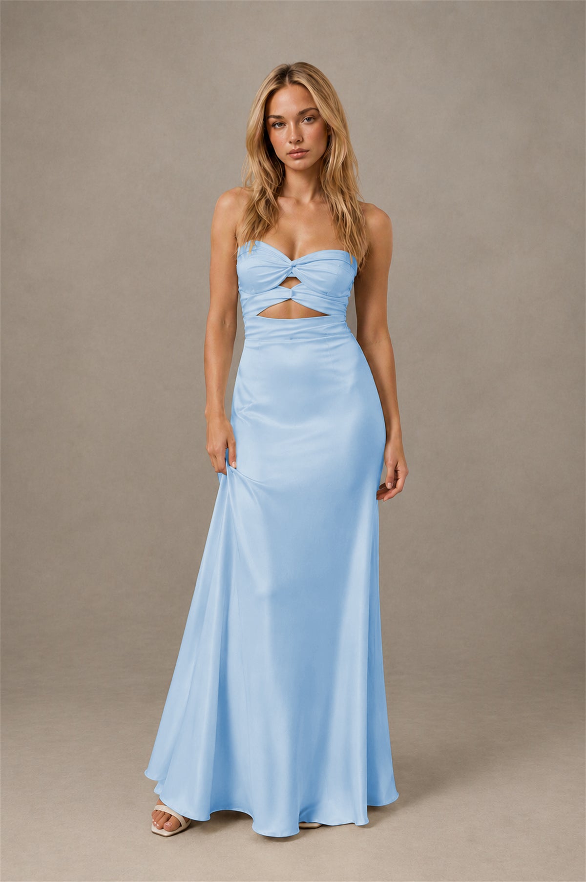BOLODOO Light Blue Sweetheart Strapless Twist Knot Cutout Lace-Up Back Satin Mermaid Maxi Dress - Light Blue - Light Blue(1)