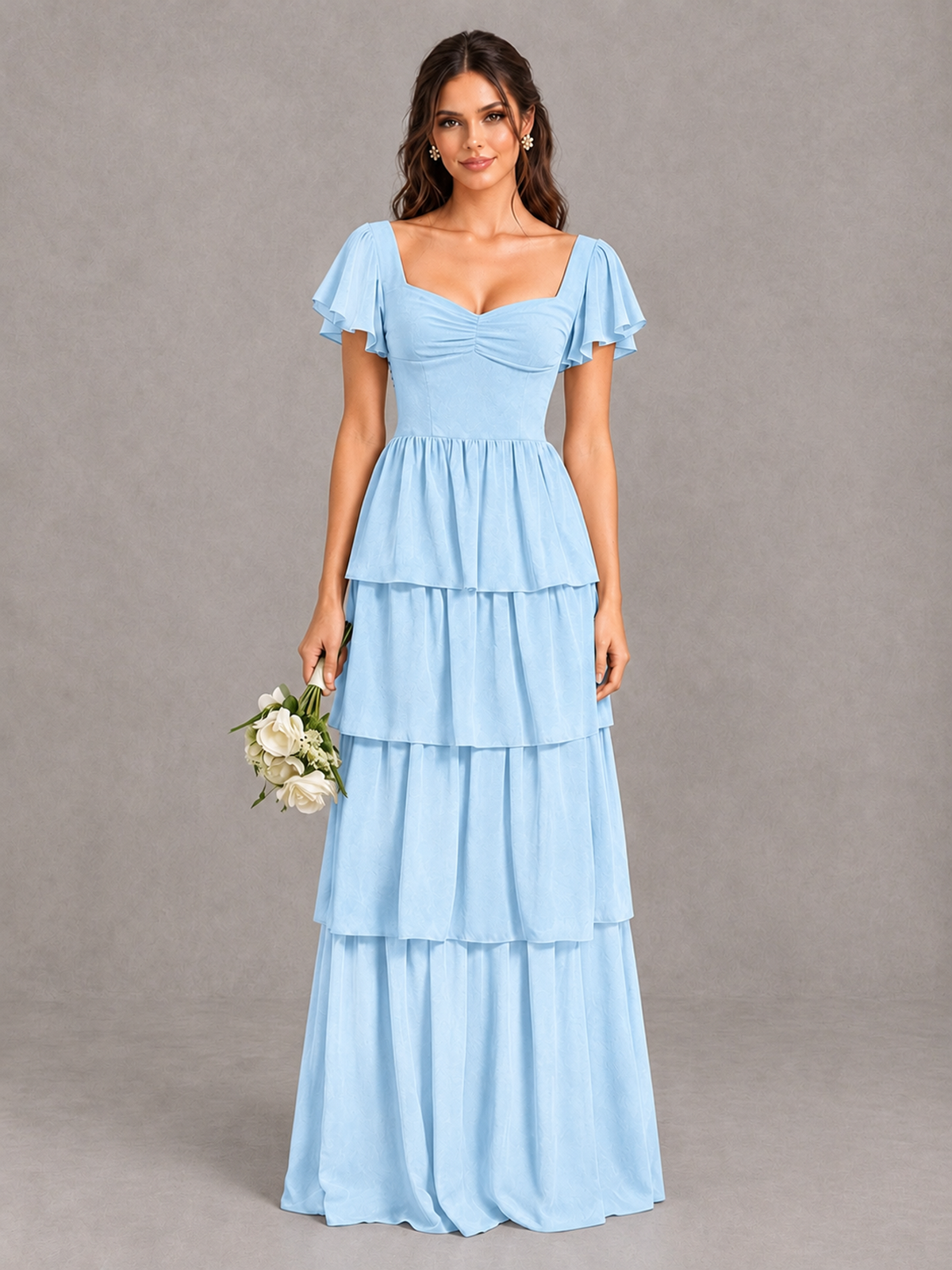 BOLODOO Light Blue Flutter Sleeve Tiered Maxi Bridesmaid Dress - Light Blue - Light Blue_1