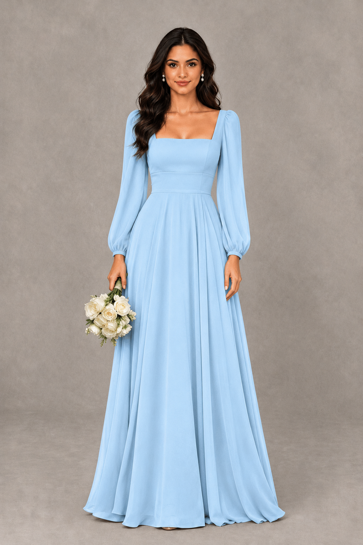 BOLODOO Light Blue Square Neck Long Sleeve A-Line Bridesmaid Dress - Light Blue - Light Blue_1