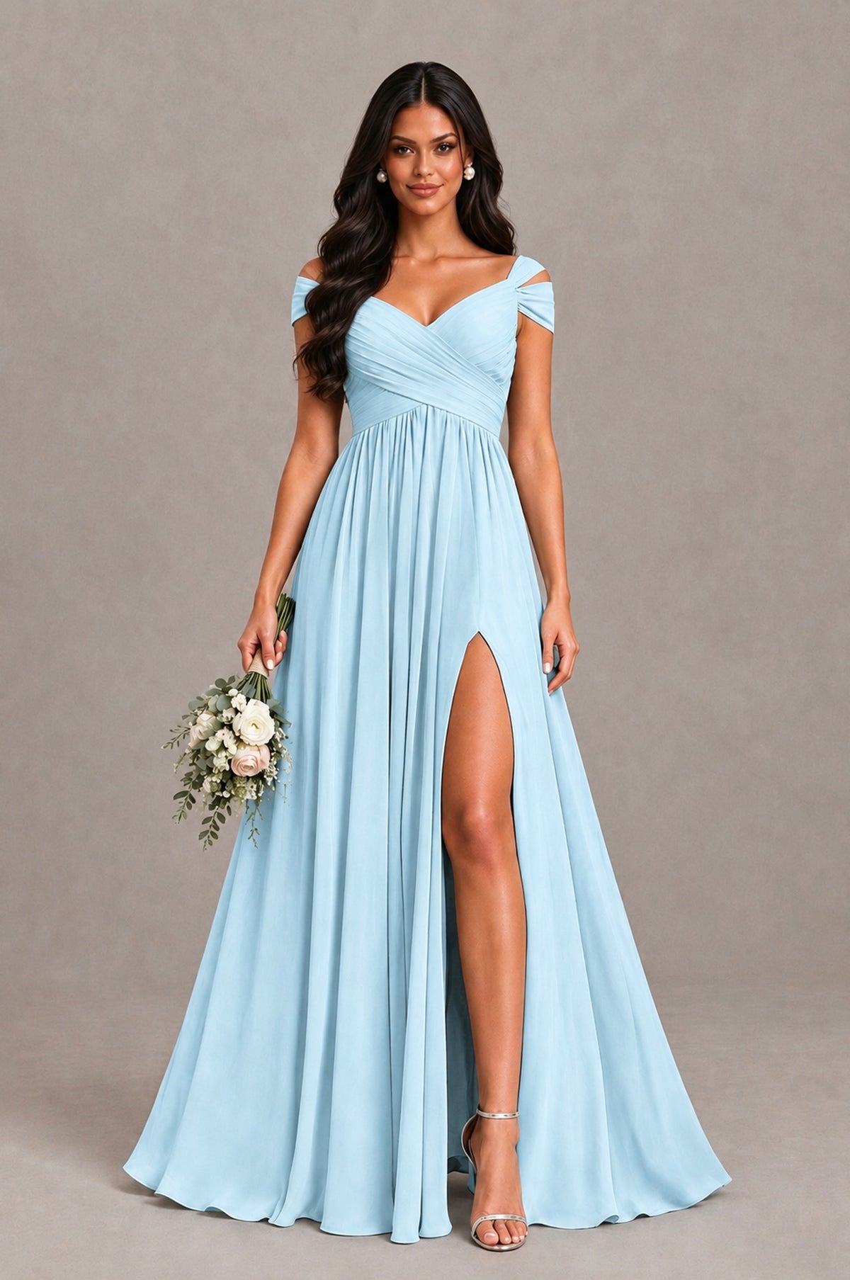 BOLODOO Light Blue Cold Shoulder Chiffon Evening Dress with V Neck and High Slit - Light Blue - Light Blue_1