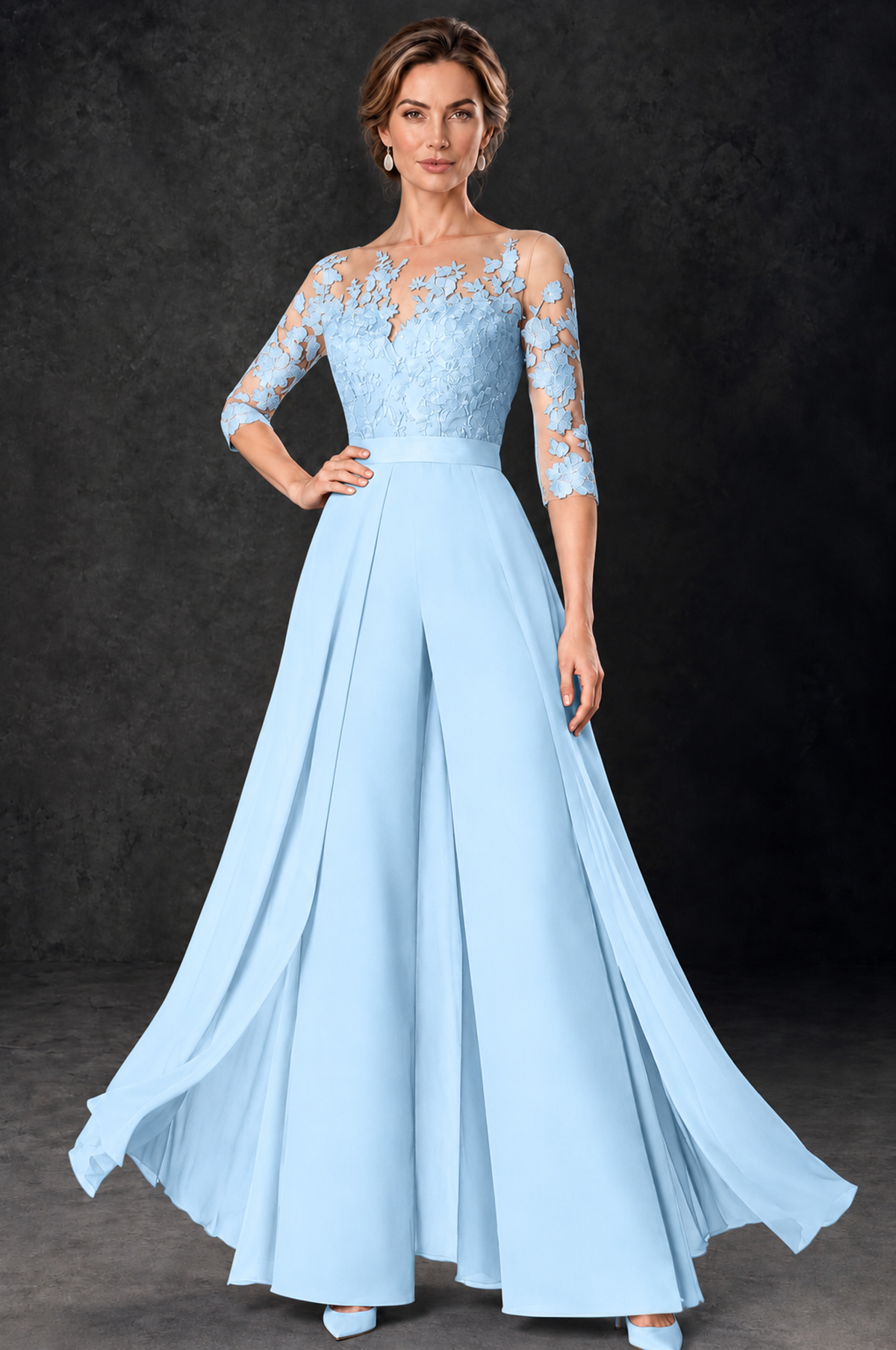 BOLODOO Light Blue Lace Wide-Leg Jumpsuit with Three-Quarter Sleeves - Light Blue - Light_Blue_1