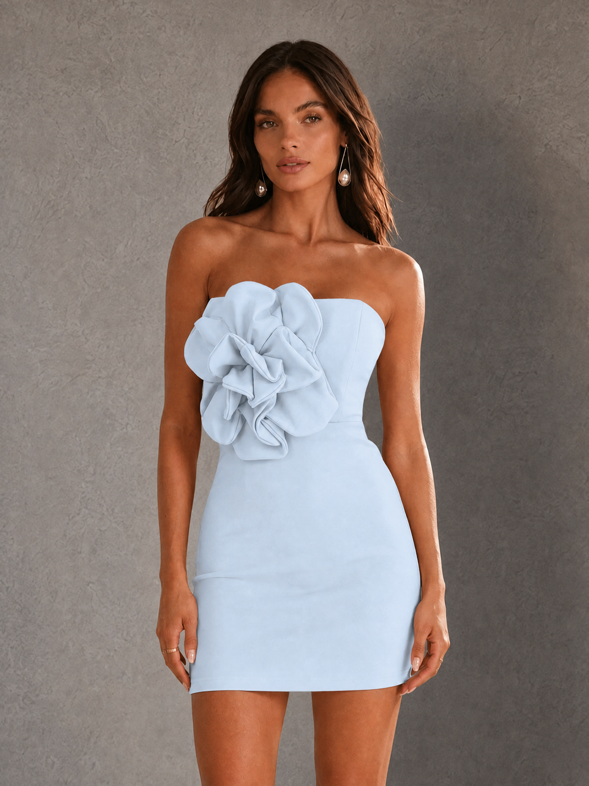 BOLODOO Light Blue Oversized 3D Rose Strapless Open Back Bodycon Mini Dress | Stretch Crepe Fitted Party Dress - Light Blue