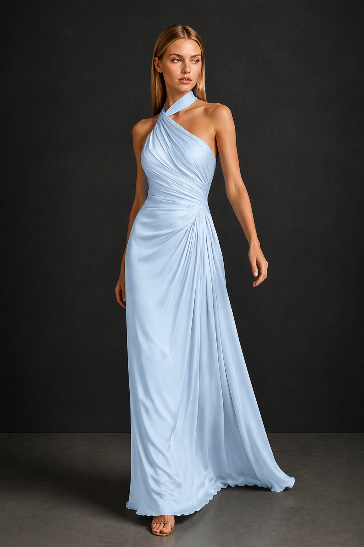 BOLODOO Light Blue Twisted Halter Neck Ruched Sleeveless Open Back Floor-Length Gown - Light Blue