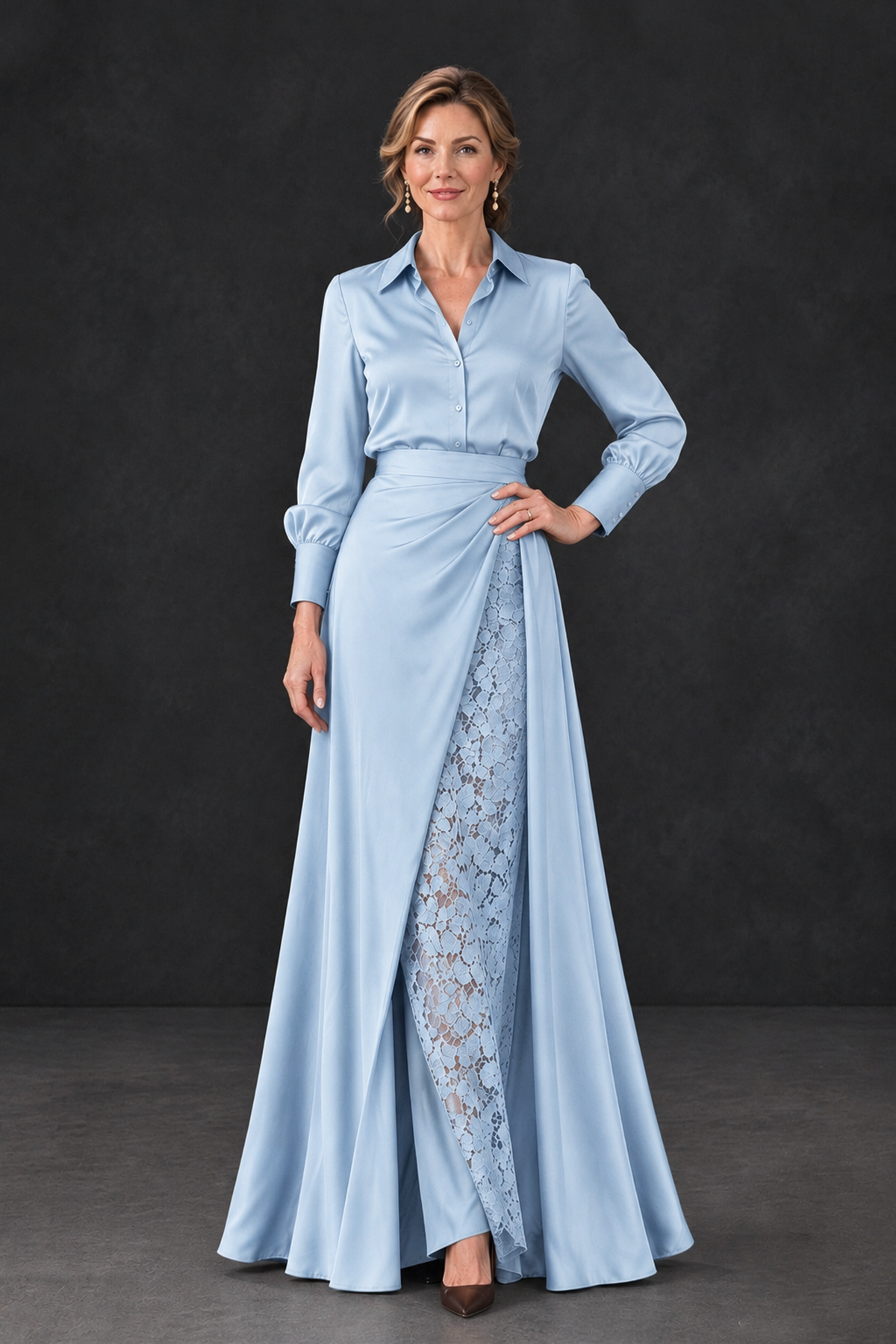 BOLODOO Light Blue Long Sleeve Satin-Look Lace Panel Gown - Light Blue - Light Blue_1
