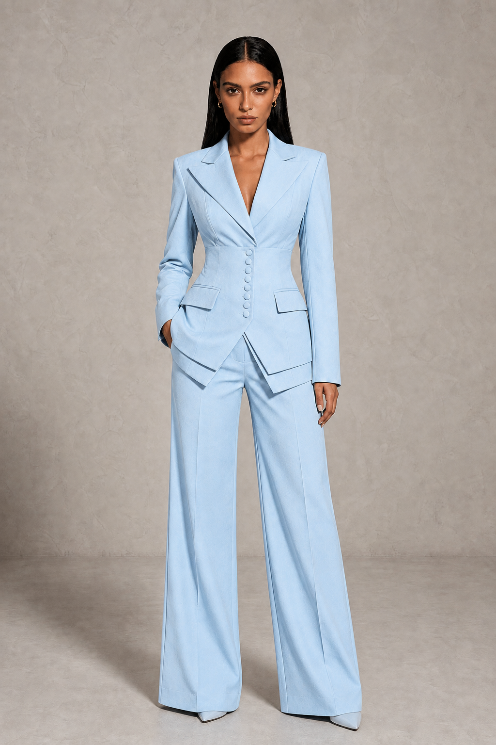 BOLODOO Light Blue Cinched Waist Blazer and Wide Leg Pants Two Piece Suit Set - Light Blue