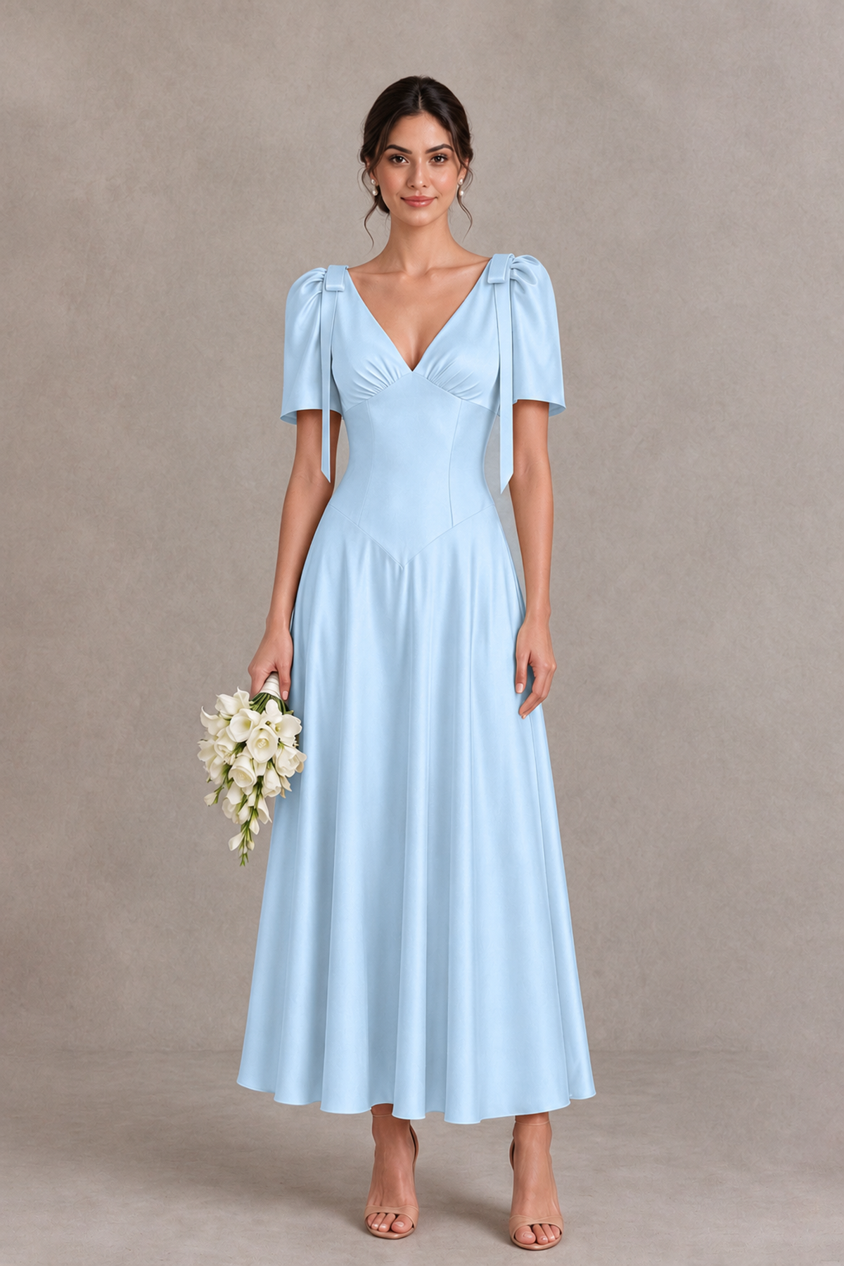 BOLODOO Light Blue V-Neck Short Sleeve Satin-Look Bridesmaid Dress with Shoulder Bows - Light Blue - Light Blue_1