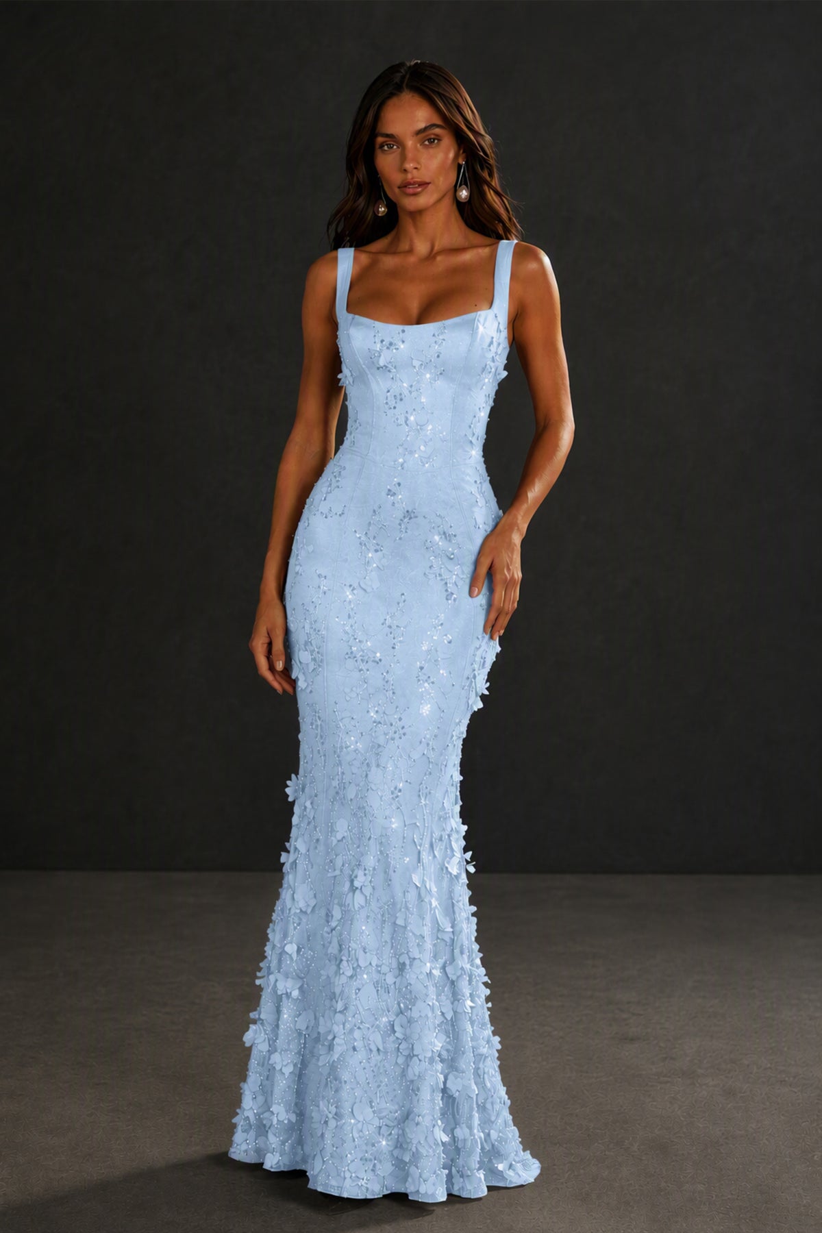 BOLODOO Light Blue Sequin 3D Floral Mermaid Maxi Gown – Lace-Up Back Formal Dress - Light Blue