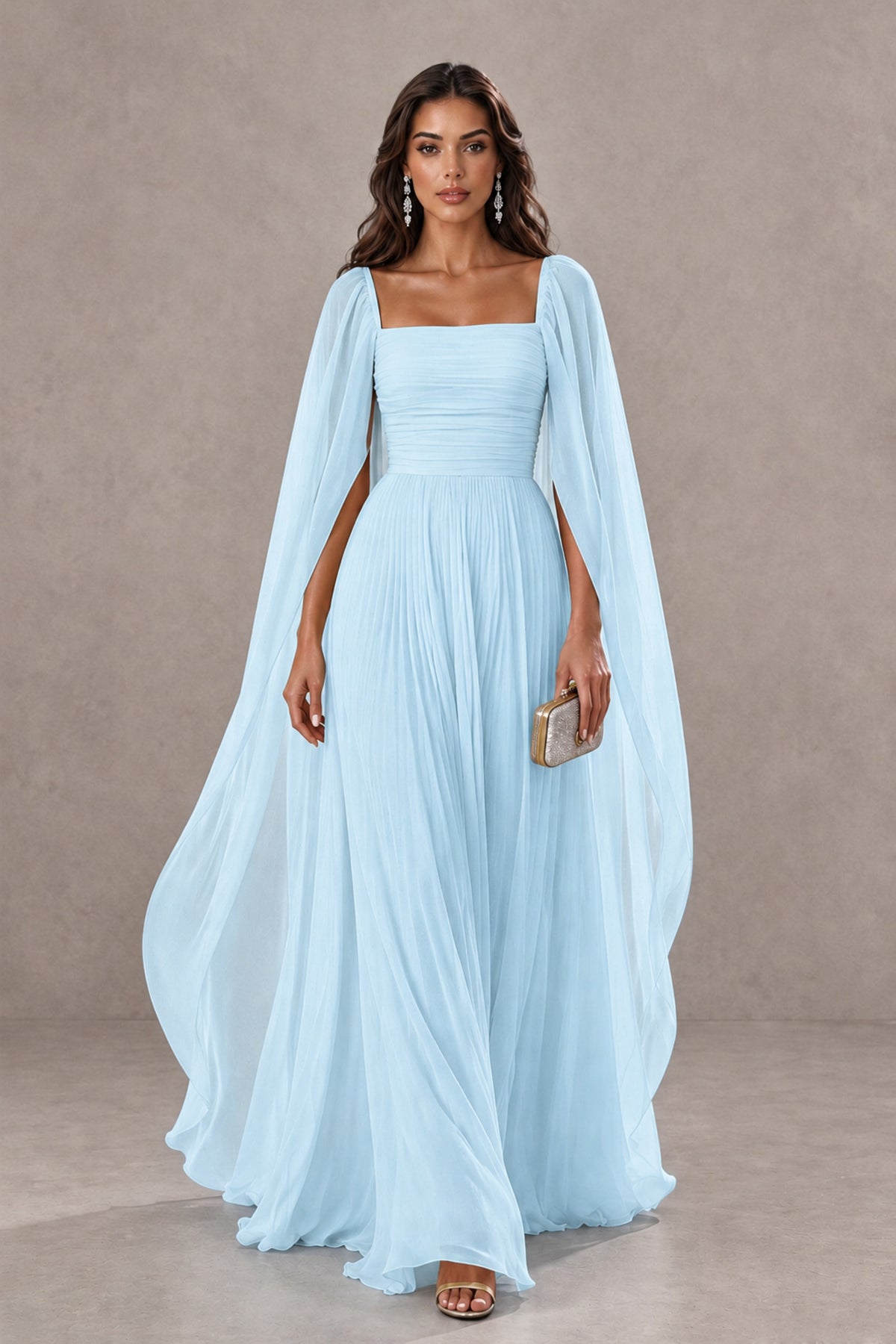 BOLODOO Light Blue Square Neck Cape Sleeve A-Line Evening Dress - Light Blue - Light_Blue_1