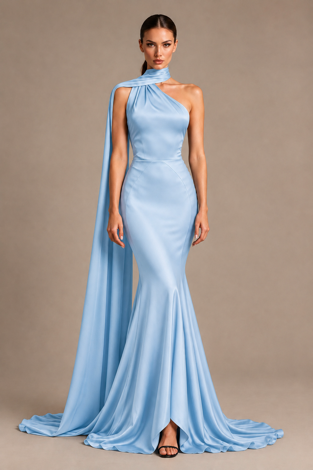 BOLODOO Light Blue One-Shoulder Satin Mermaid Evening Dress with Scarf - Light Blue - Light Blue_1