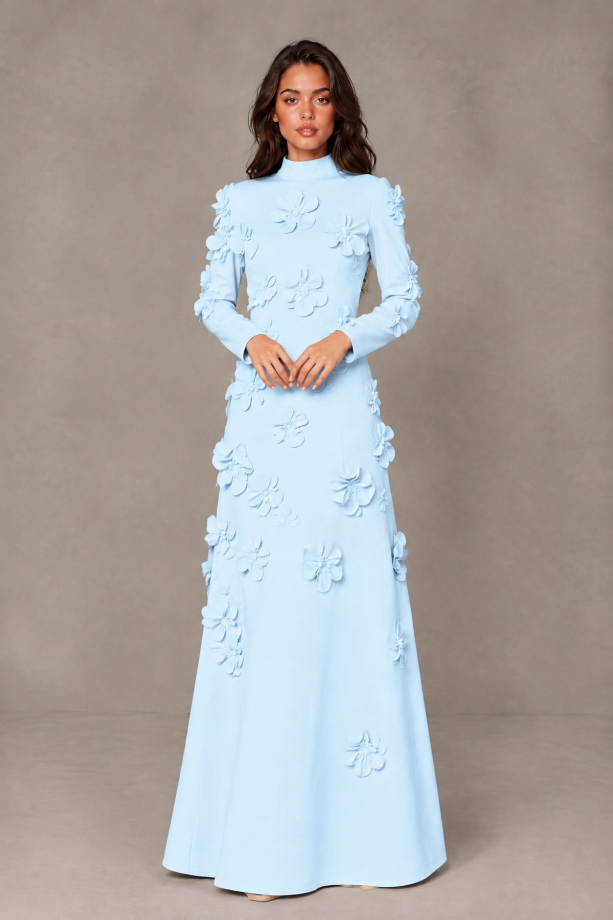 BOLODOO Light Blue High Neck Long Sleeve 3D Floral Evening Gown - Light Blue