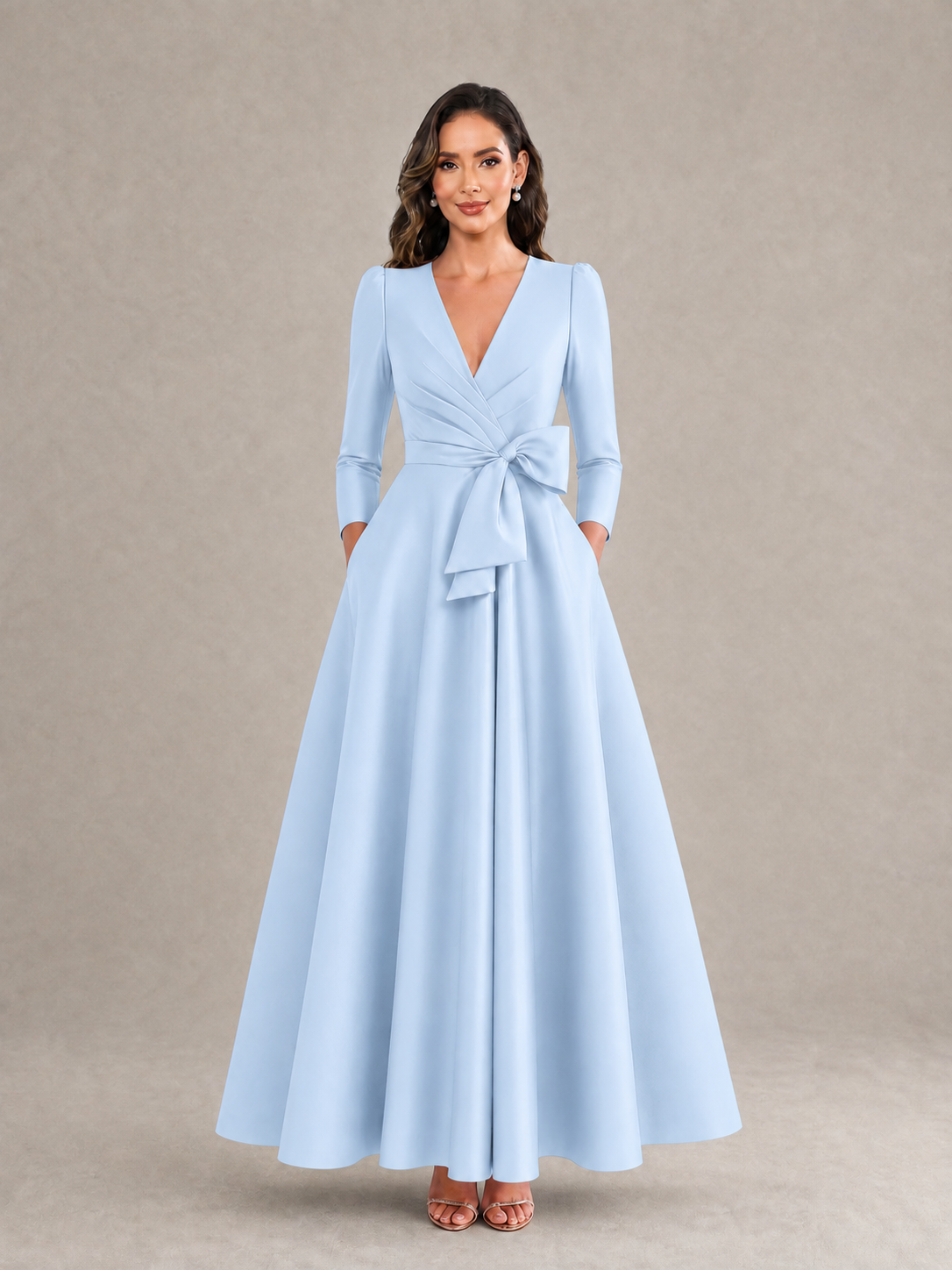 BOLODOO Light Blue Satin Deep V-Neck Wrap 3/4 Puff Sleeve A-Line Ball Gown Maxi Dress with Oversized Bow Belt - Light Blue