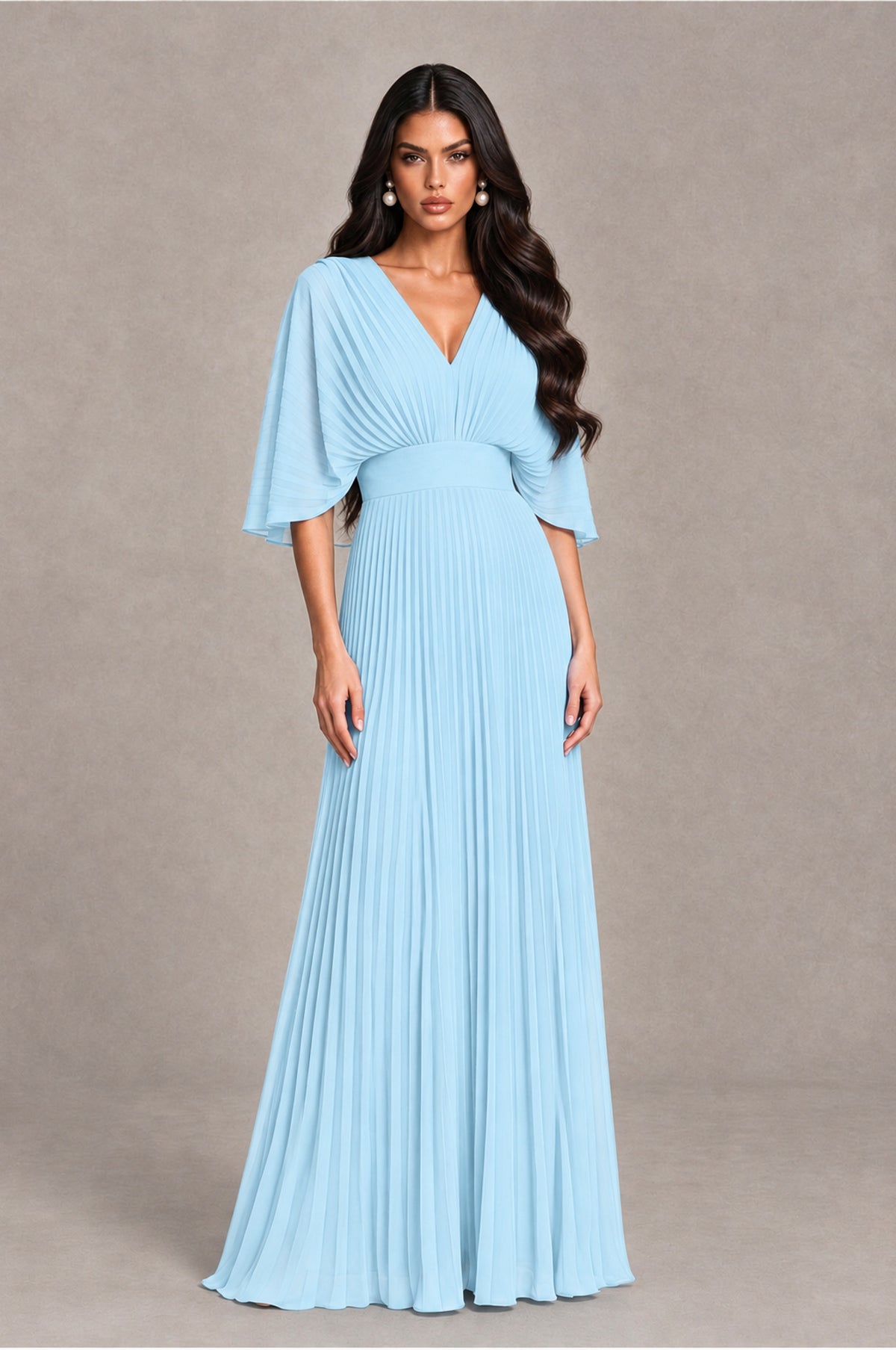 BOLODOO Light Blue V-Neck Pleated Flutter Sleeve Formal Dress - Light Blue - Light Blue_1
