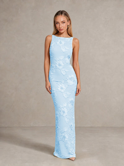 BOLODOO Light Blue Floral Sleeveless Maxi Wedding Guest Dress - Light Blue - Light Blue(1)