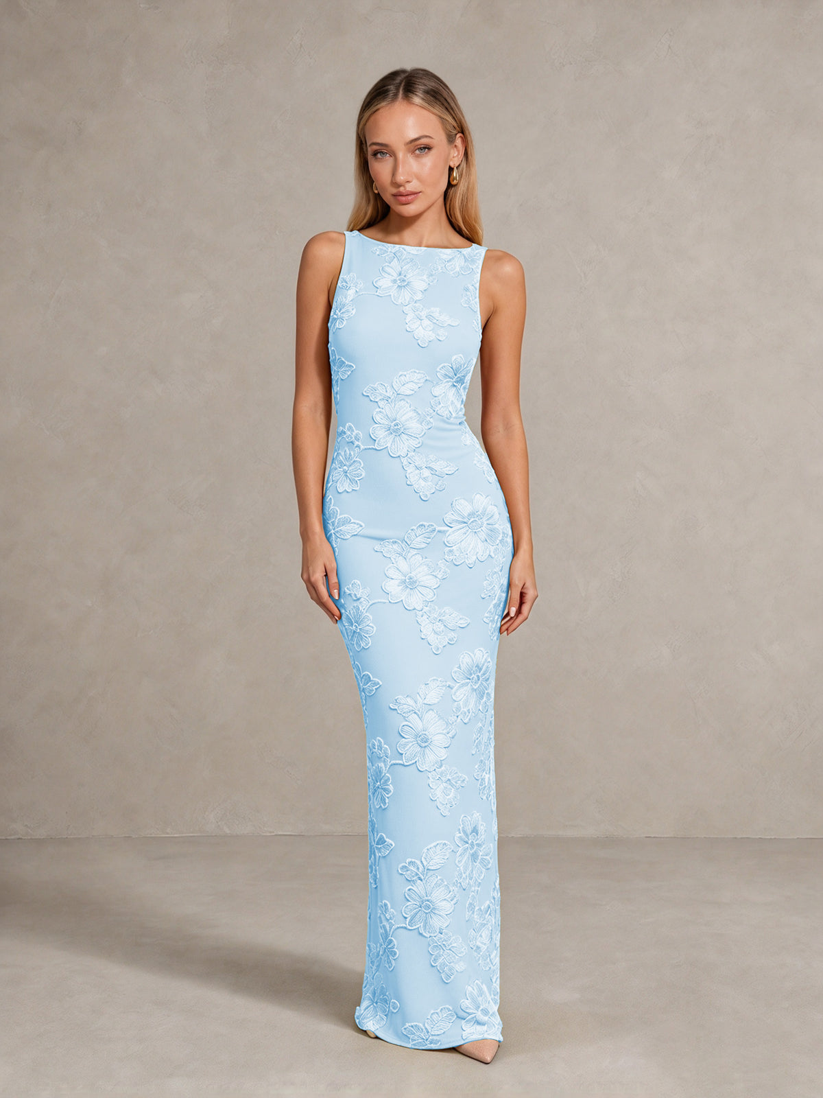 BOLODOO Light Blue Floral Sleeveless Maxi Wedding Guest Dress - Light Blue - Light Blue(1)