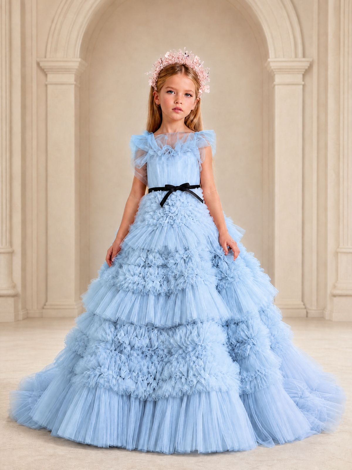 BOLODOO Light Blue Tiered Tulle Flower Girl Dress with Floral Appliques - Light Blue - Light Blue_1